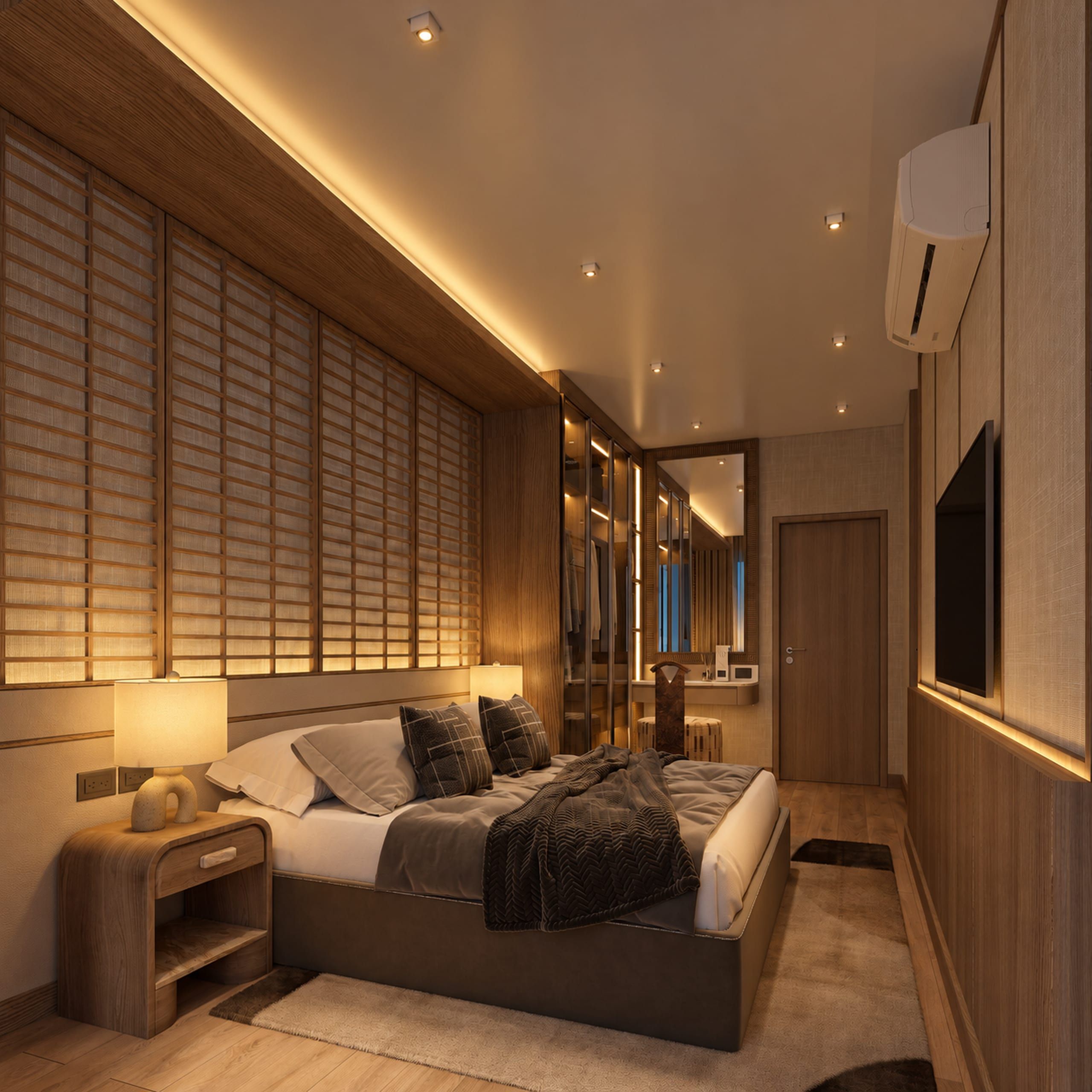 Bedroom with a double bed, oak panelling, paper-screen wall panels, glass-door wardrobe and a wall-mounted TV, visualisation