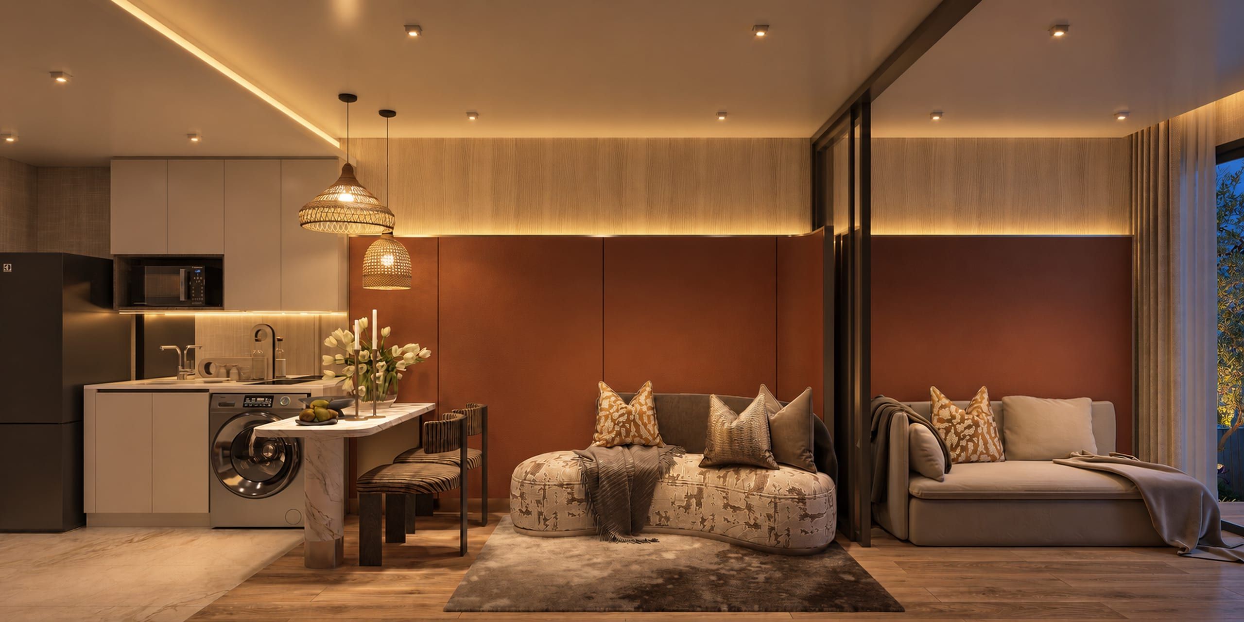 Open-plan living room with curved sofa, marble dining counter and kitchen with fridge and washing machine, visualisation