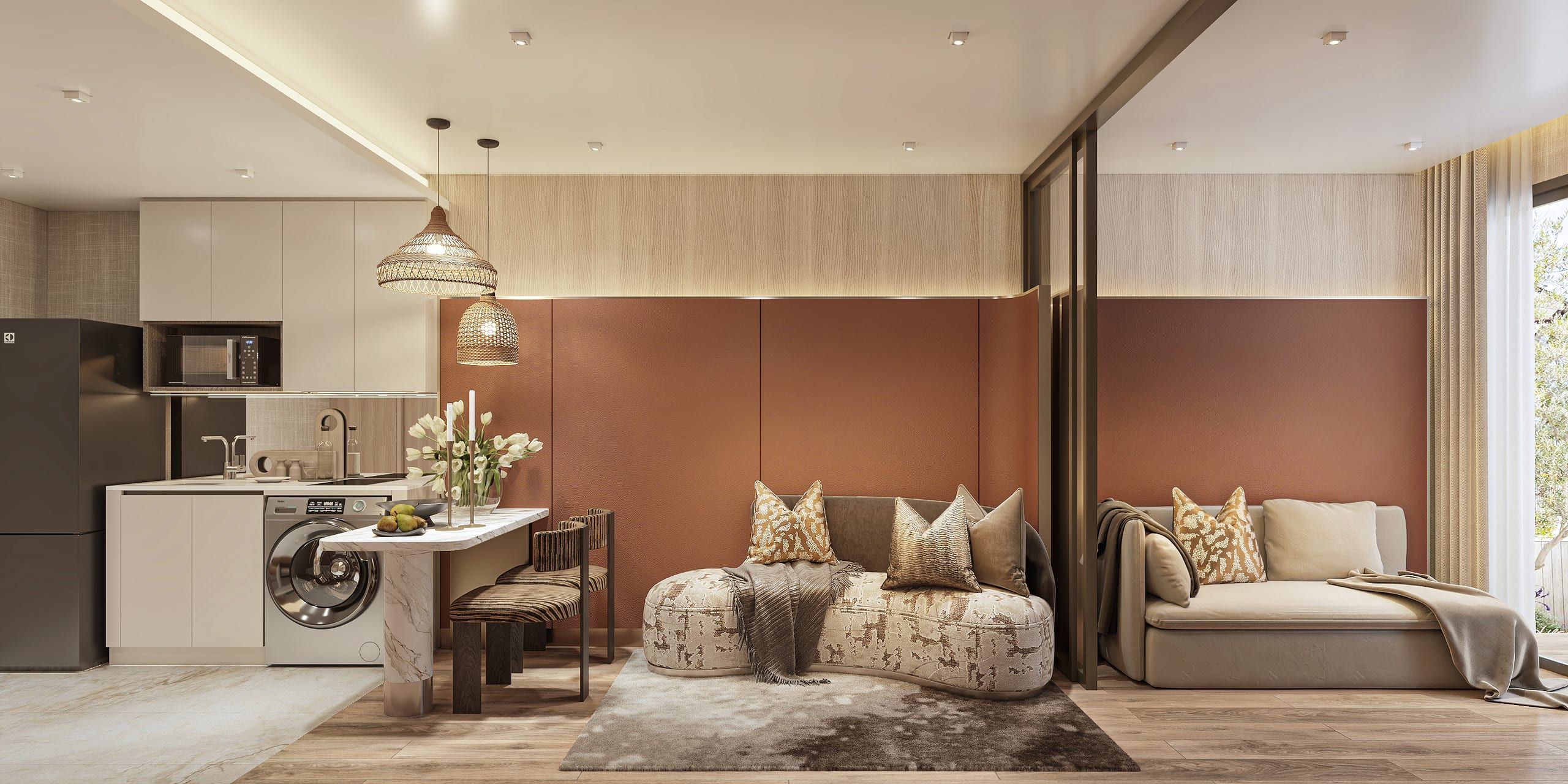 Open-plan living room with curved sofa, marble dining counter and kitchen with fridge and washing machine, visualisation