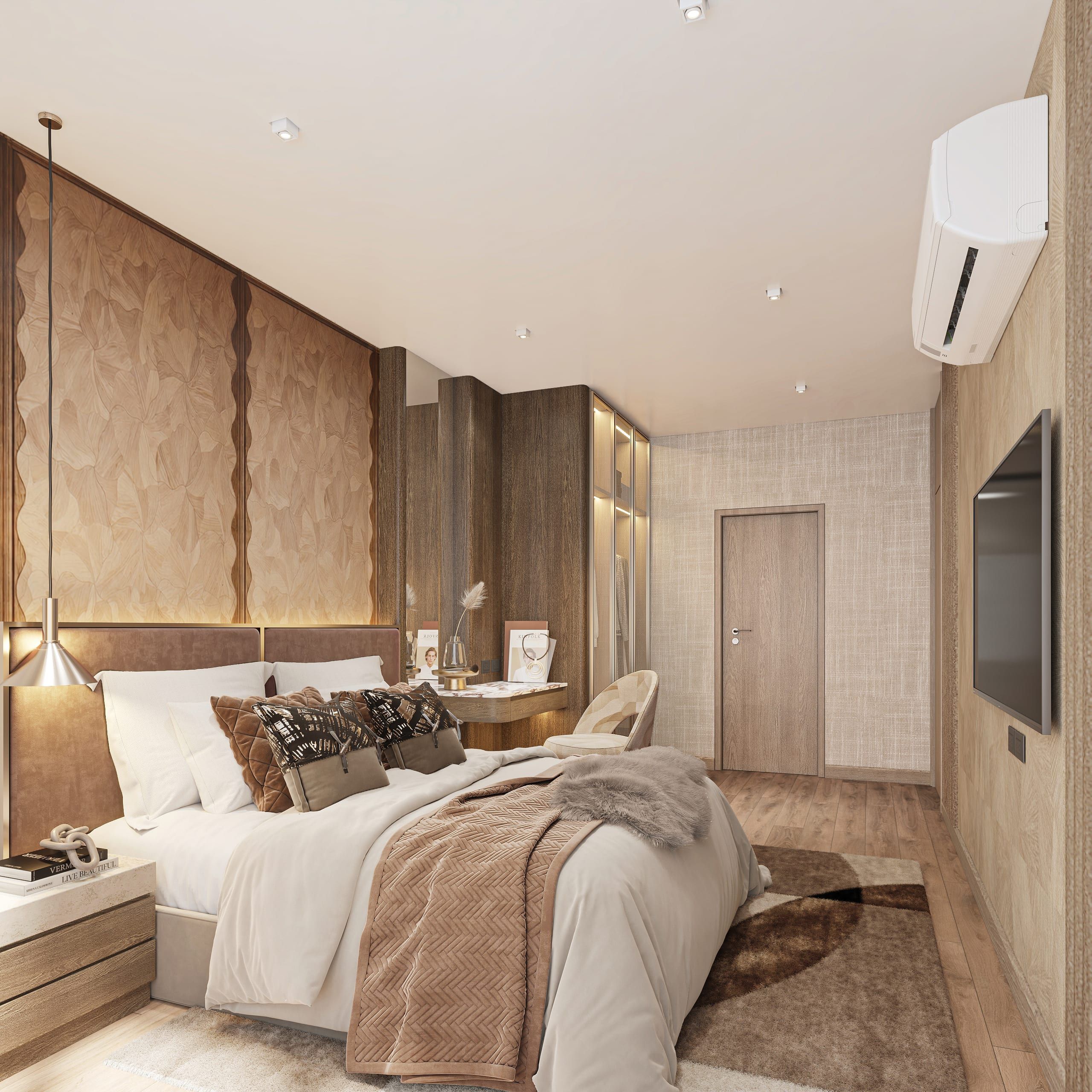 Bedroom with upholstered headboard, carved timber wall panels, wall-mounted TV and air conditioner, visualisation