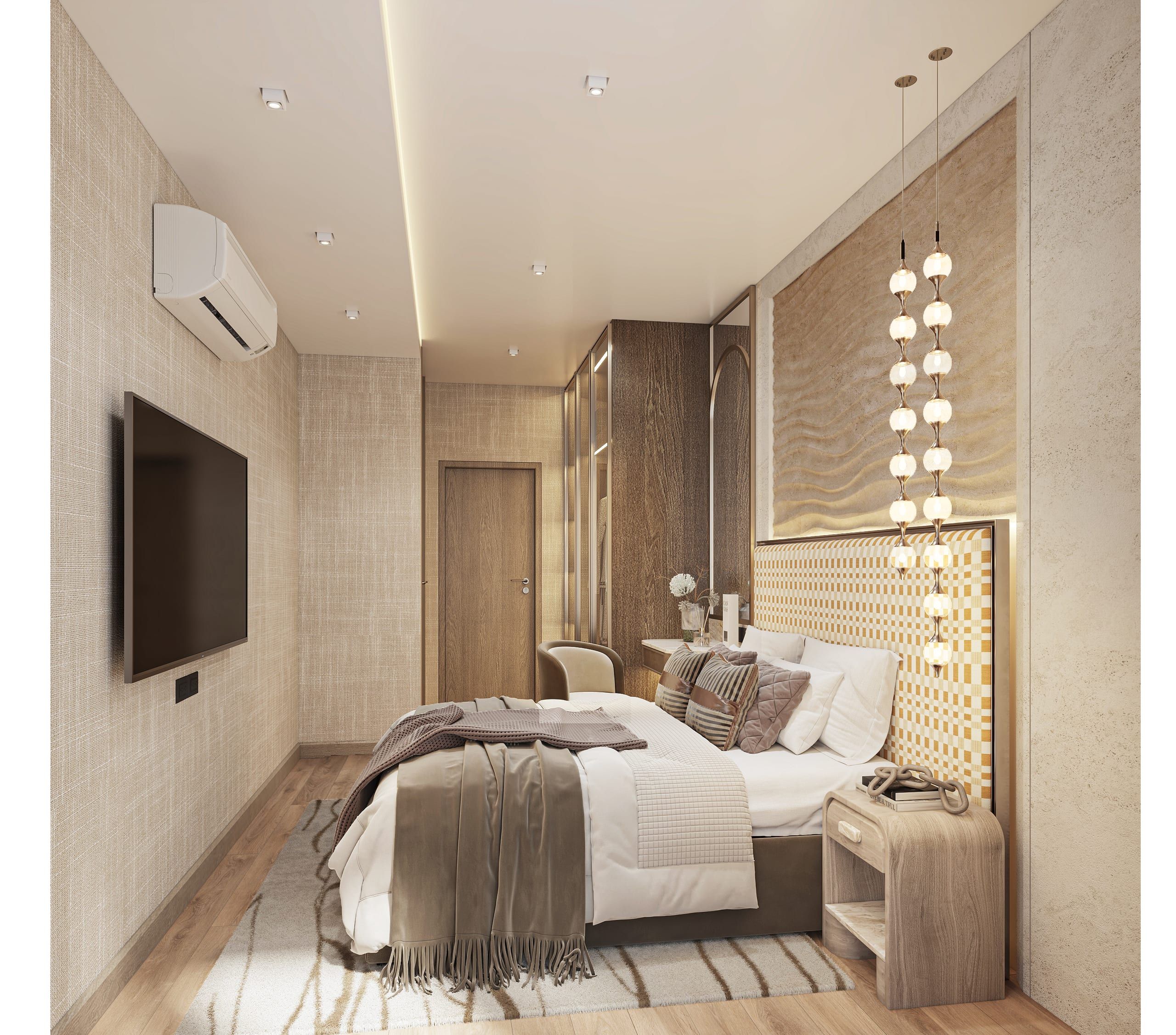 Bedroom with woven headboard, pearl-like pendant lights, wardrobe, TV and air conditioner, visualisation