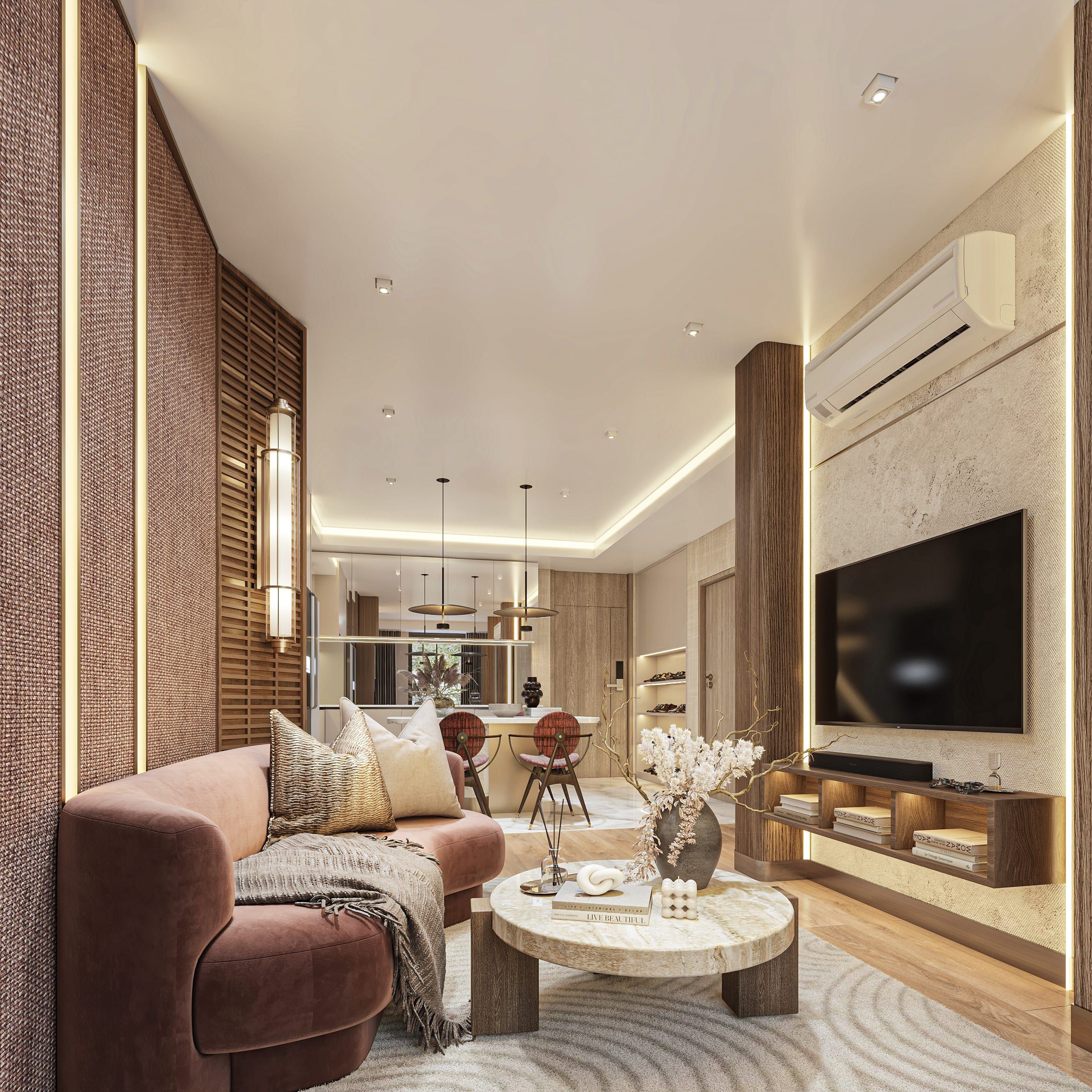 Narrow living room with rose velvet sofa, round stone coffee table, wall-mounted TV and kitchen beyond, visualisation