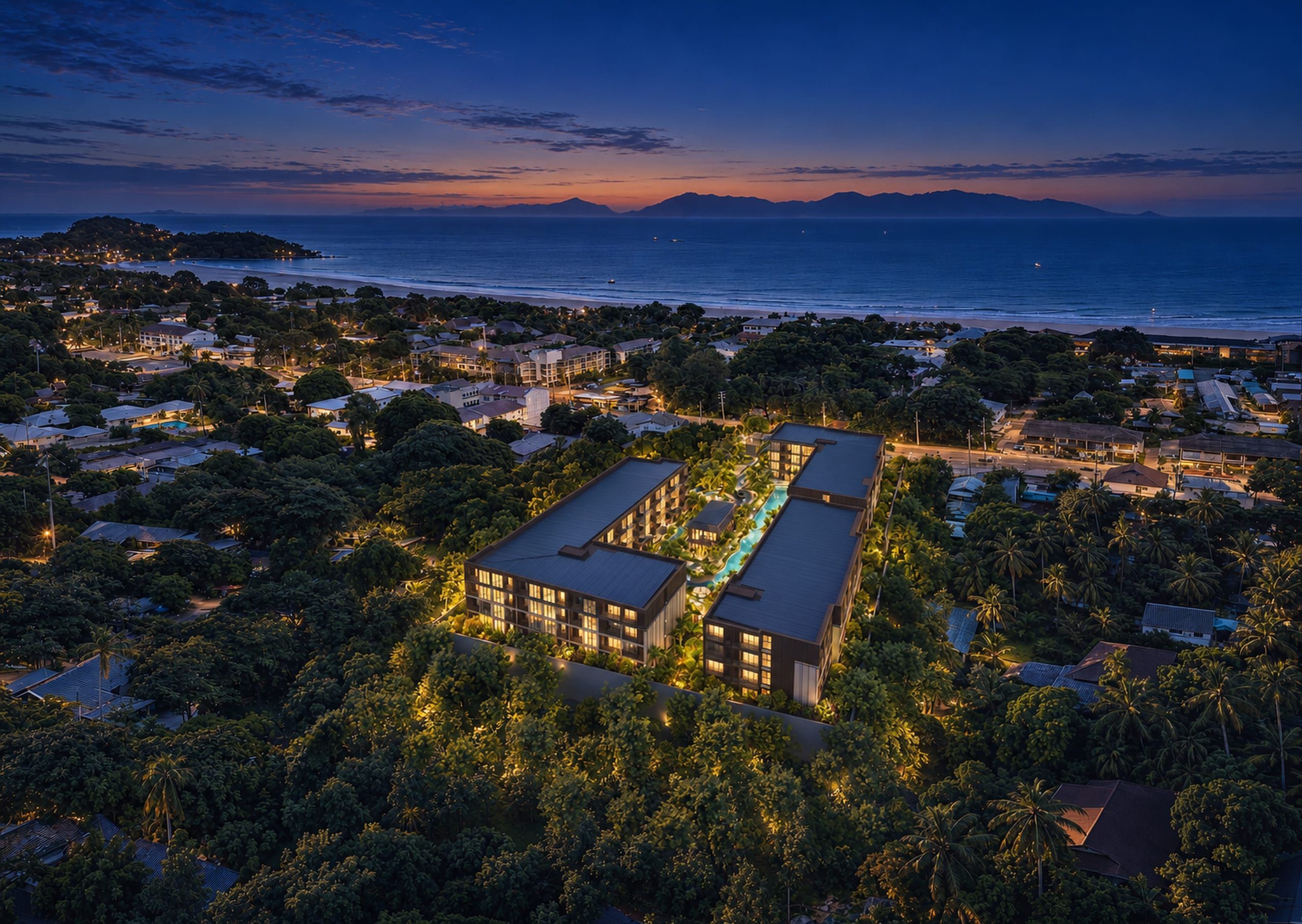 Aerial view of two low-rise buildings around a landscaped courtyard, with the bay and hills beyond, visualisation