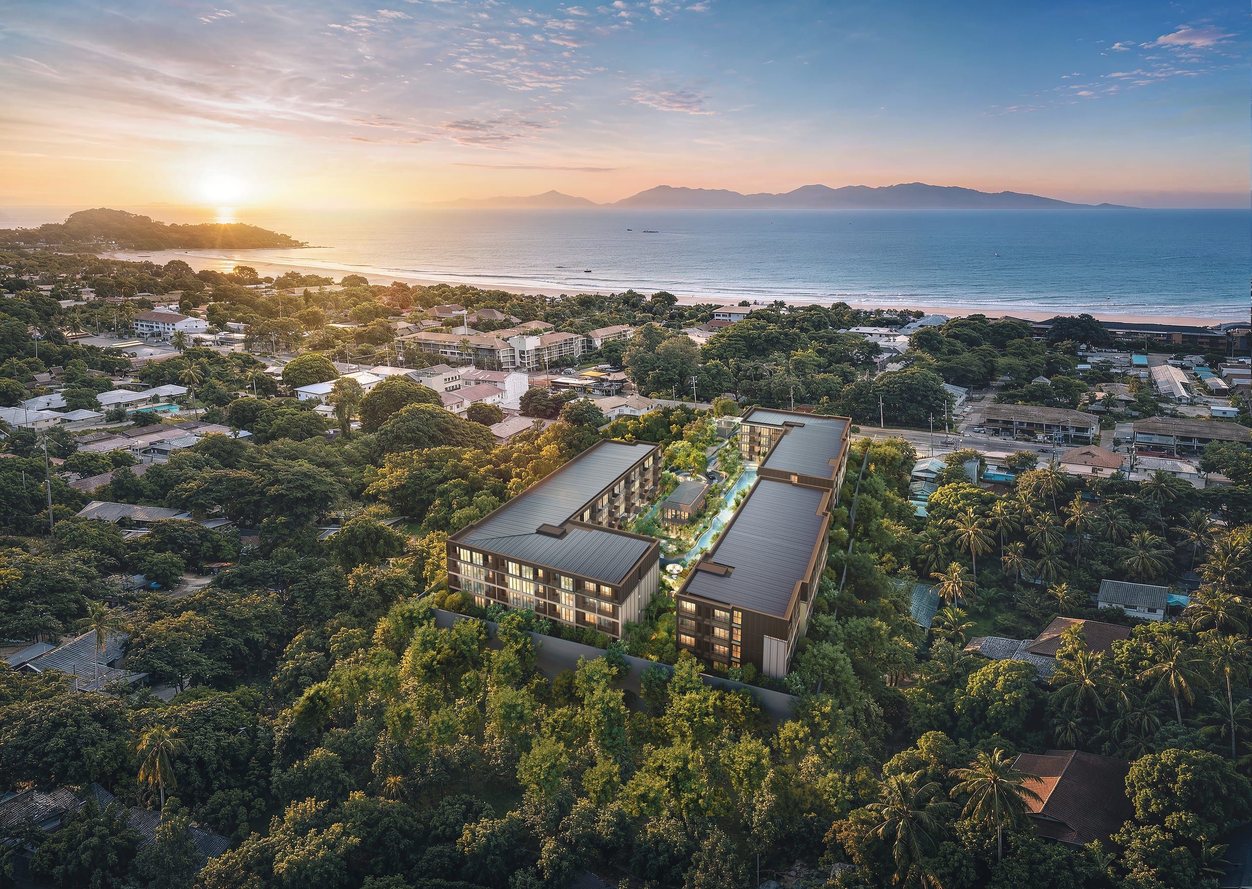 Aerial view of two low-rise buildings around a landscaped courtyard, with the bay and hills beyond, visualisation