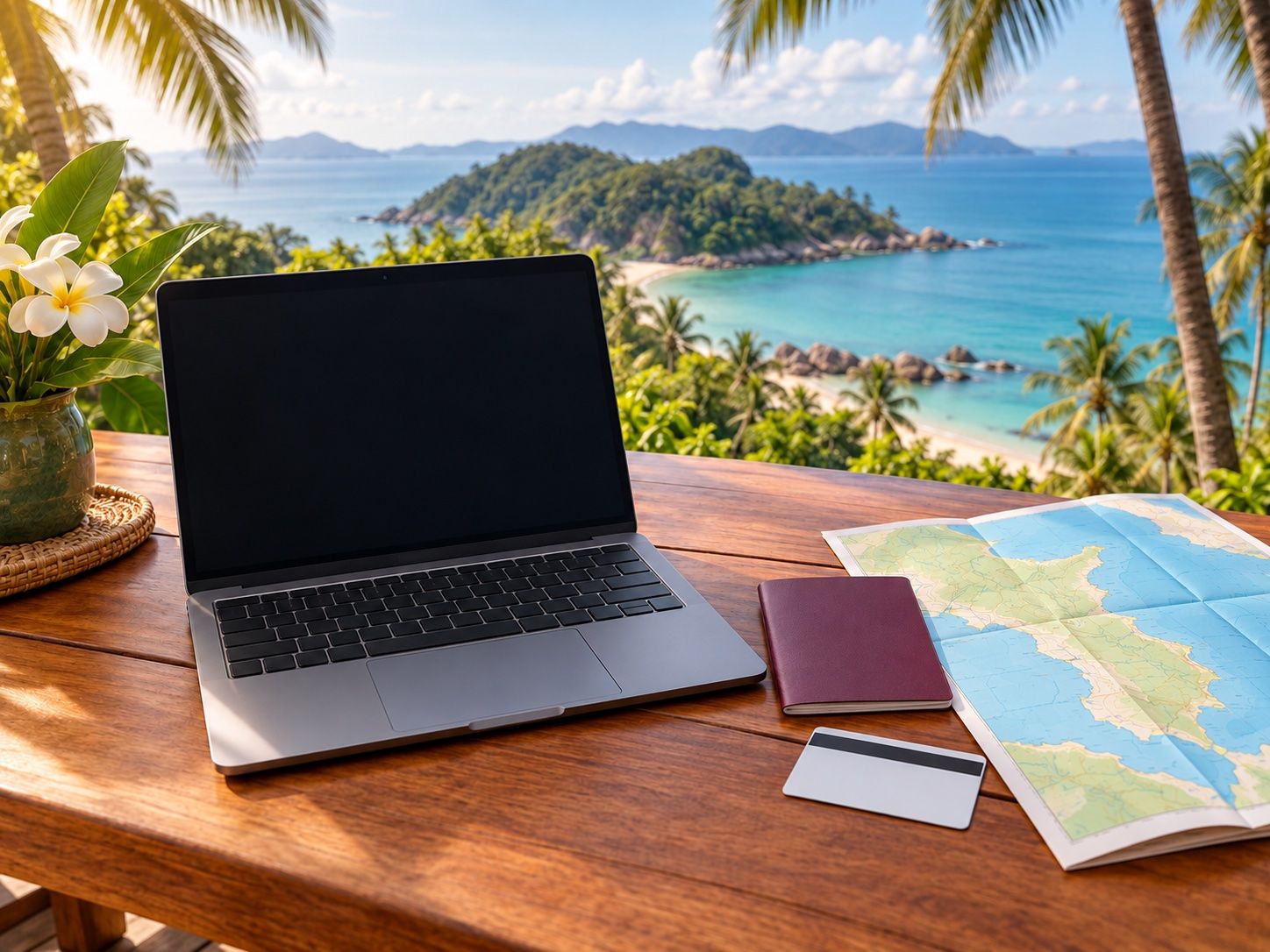 Laptop, payment card and passport on a wooden table, preparing an international bank transfer to Thailand, illustration