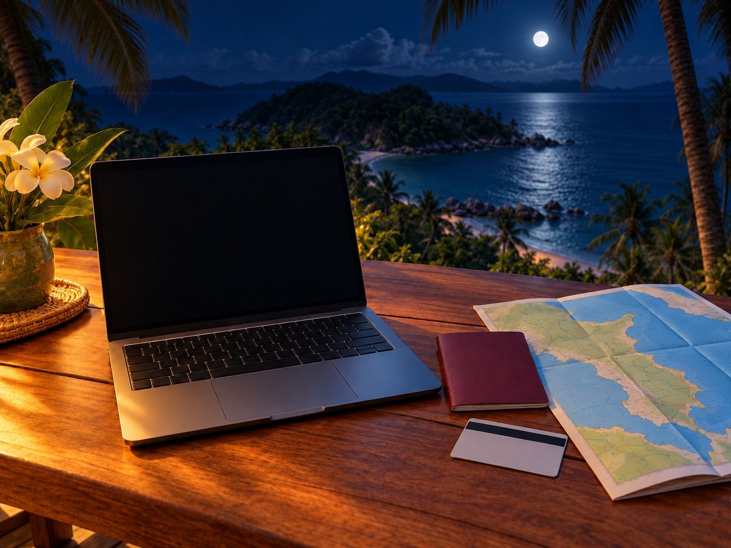 Laptop, payment card and passport on a wooden table, preparing an international bank transfer to Thailand, illustration
