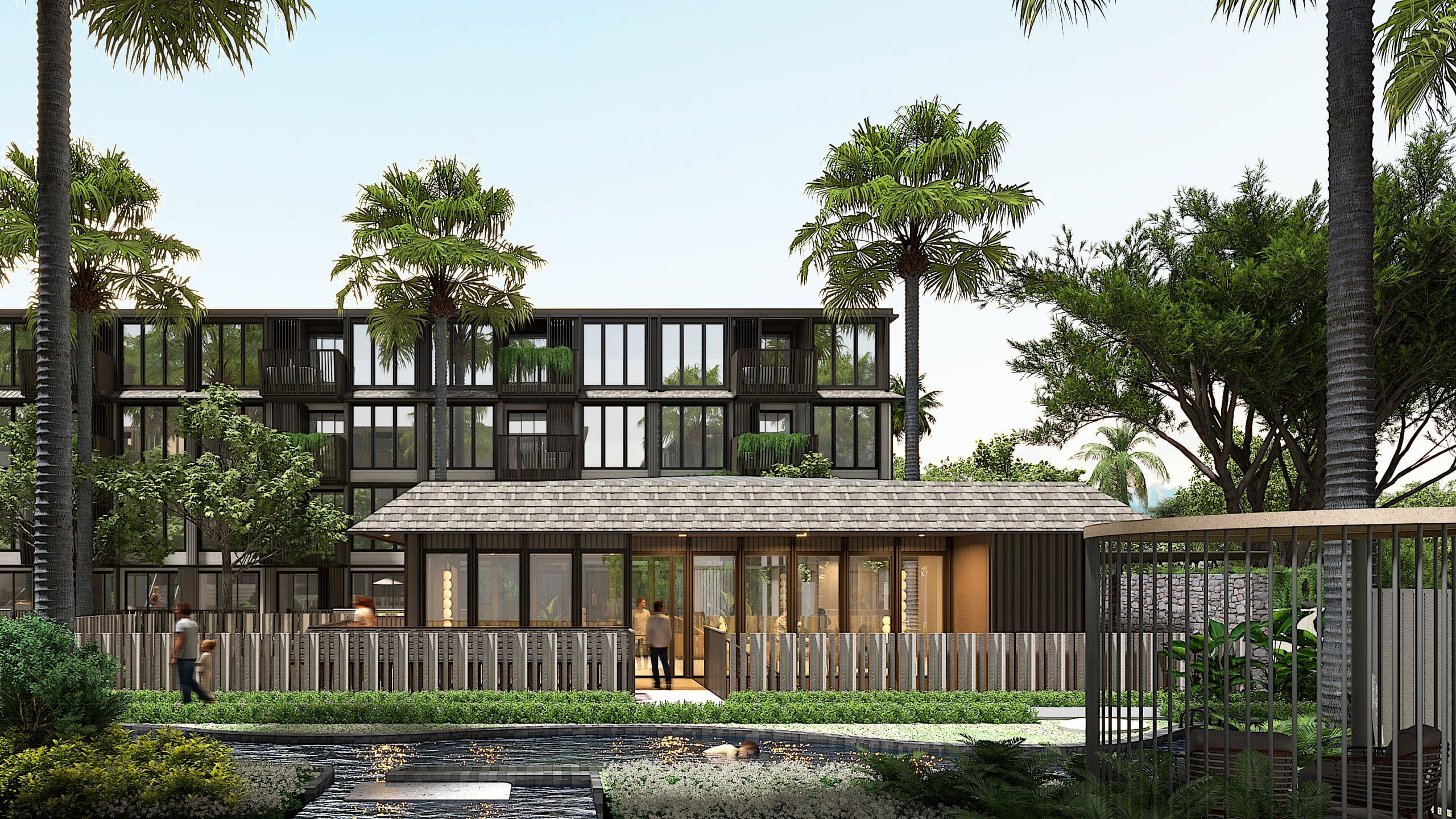 Low timber-and-glass pavilion with a pitched roof beside a pond, with a low-rise residential block behind, visualisation