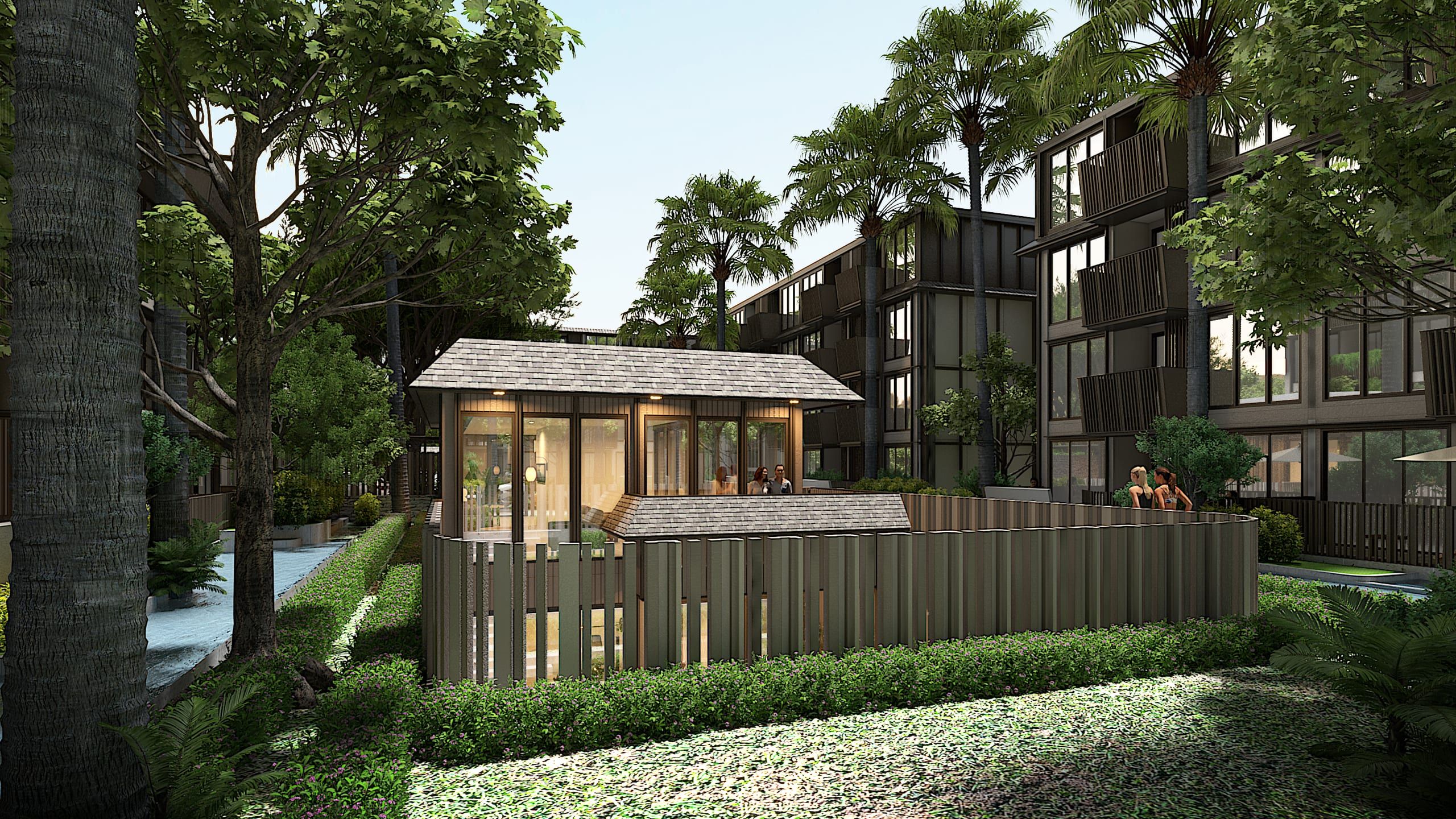 Pavilion with a pitched roof behind a curved slatted screen, surrounded by tall trees and low residential blocks, visualisation