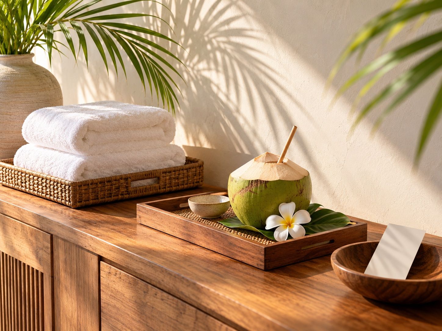 Folded towels, a key card and a welcome tray with a coconut and frangipani, ready for rental guests, illustration