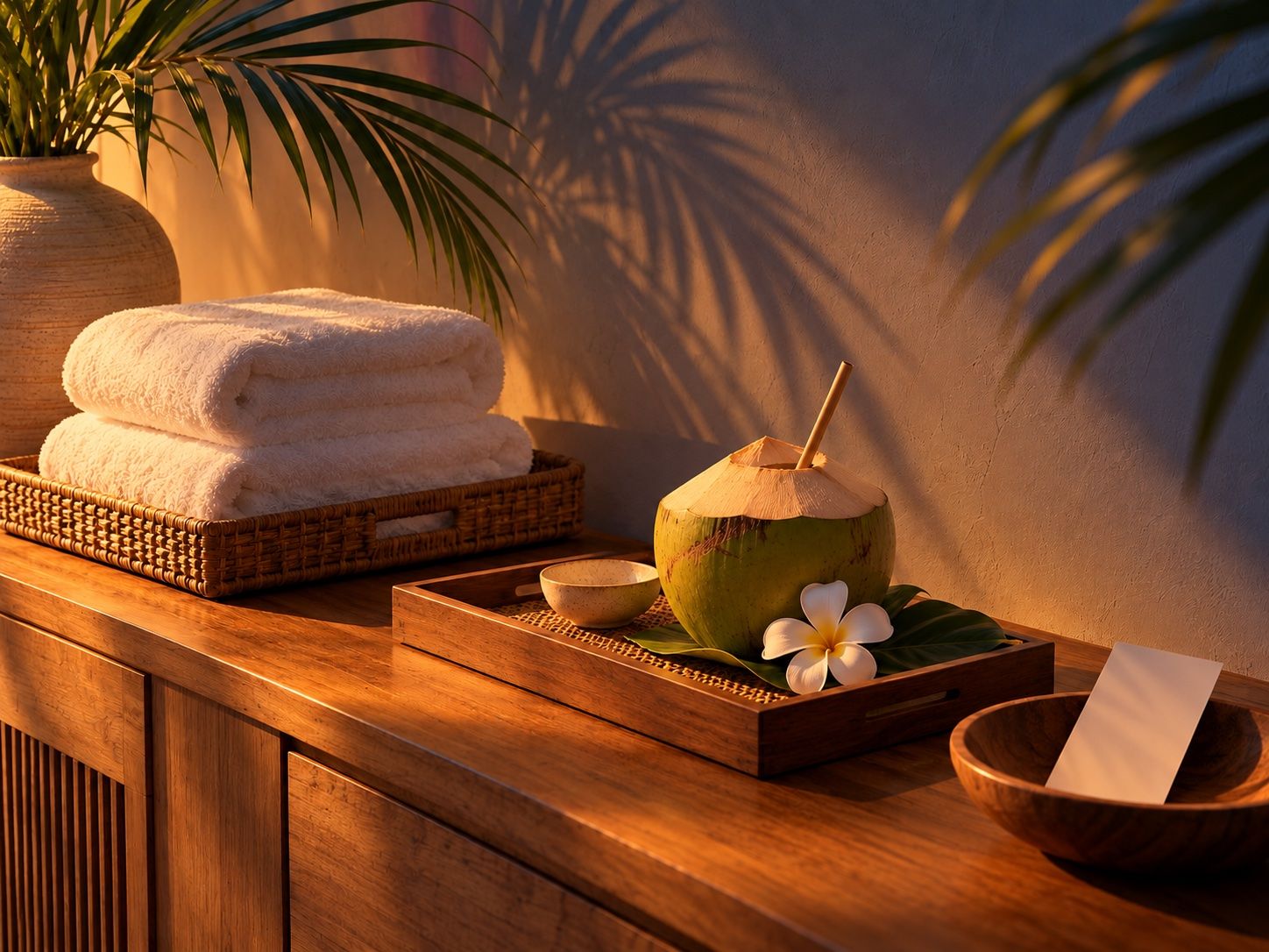 Folded towels, a key card and a welcome tray with a coconut and frangipani, ready for rental guests, illustration