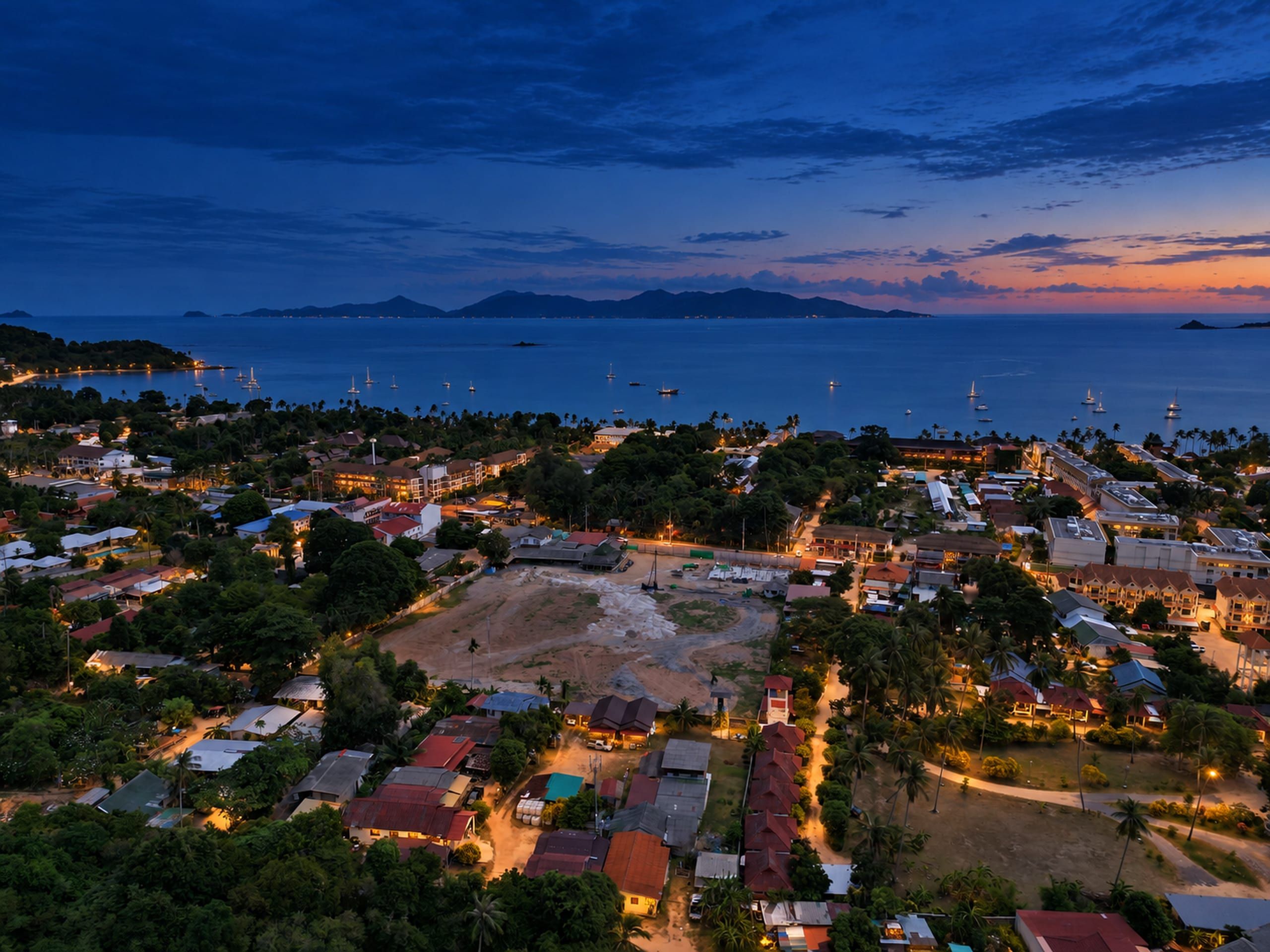 Aerial view of a cleared plot with a piling rig, ringed by low-rise buildings and trees, with the bay behind