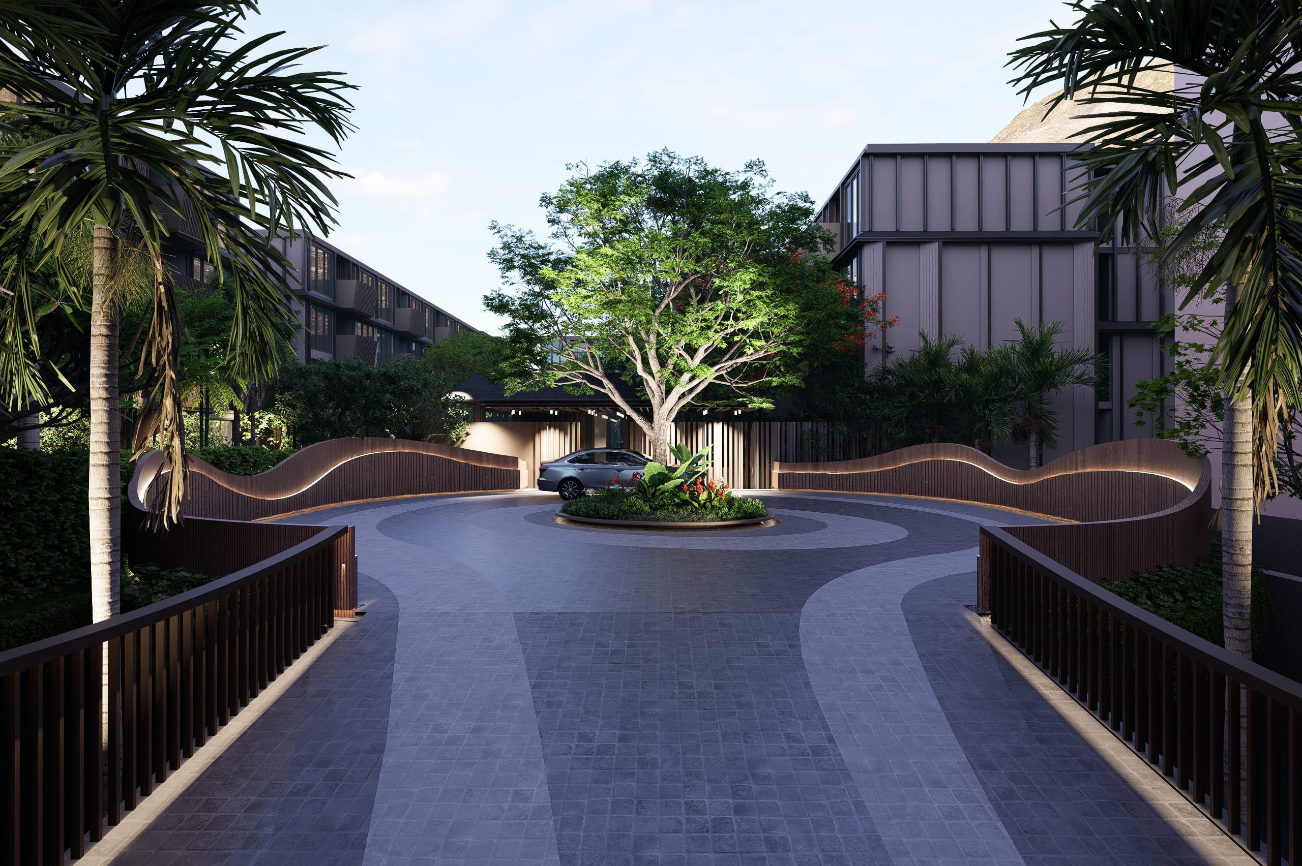 Paved drop-off court with a central planted island and a tree, wavy lit walls and low residential blocks, visualisation