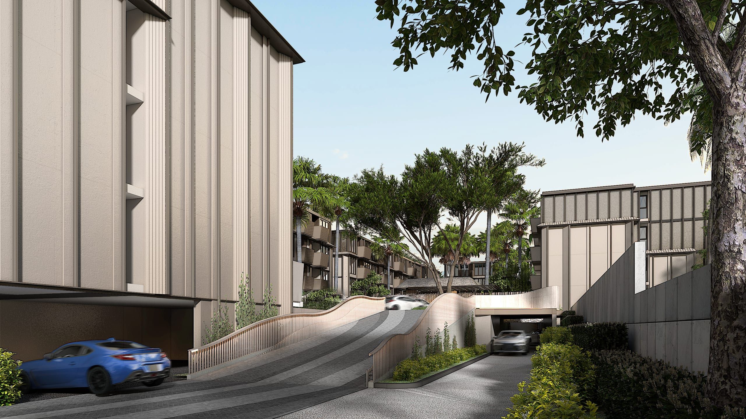 Curved ramp with slatted balustrade leading to the underground car park, beside a pale vertical-fin building, visualisation