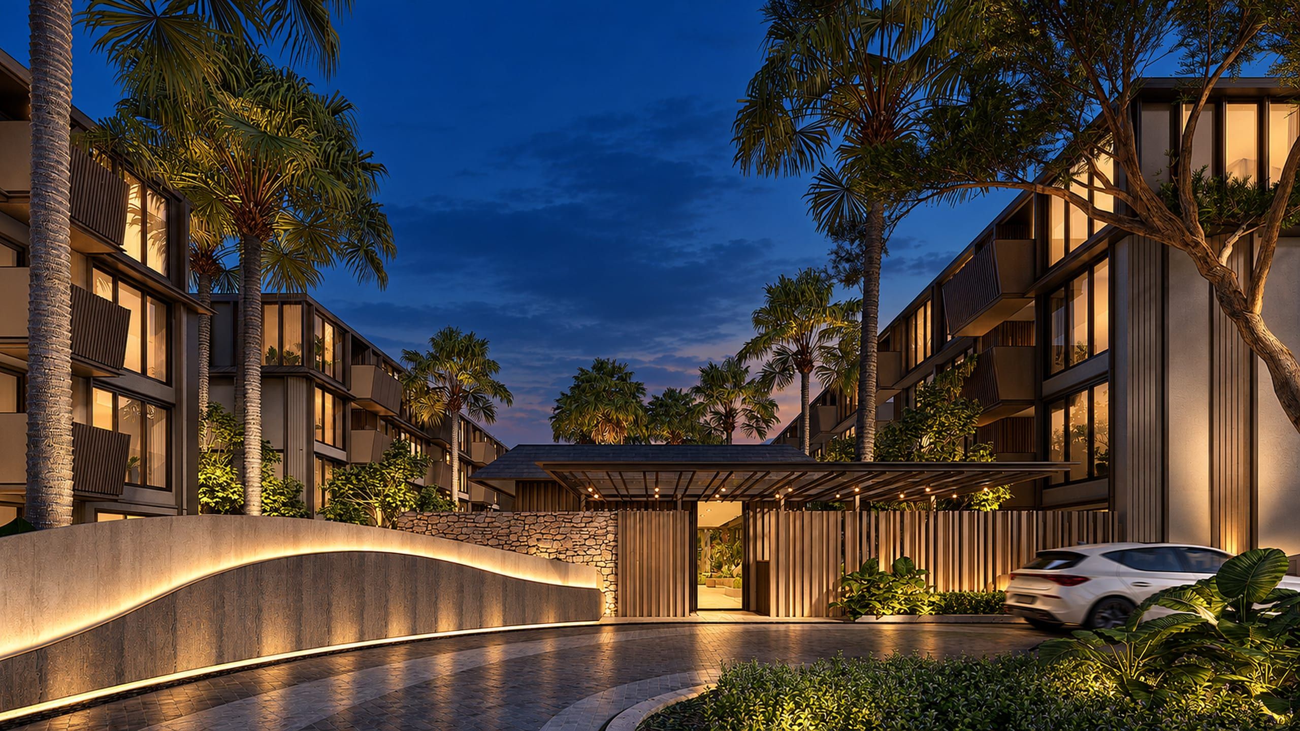 Arrival court with a timber-slatted gate, stone wall and canopy, palms between low residential blocks, visualisation