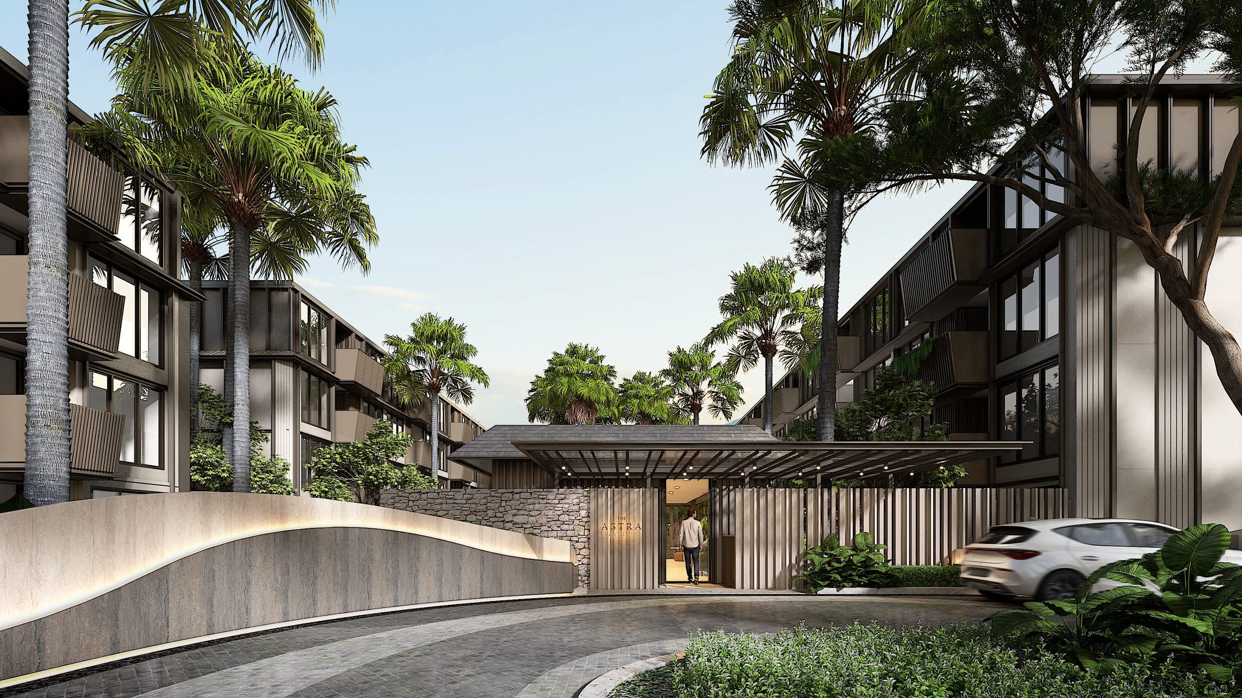 Arrival court with a timber-slatted gate, stone wall and canopy, palms between low residential blocks, visualisation