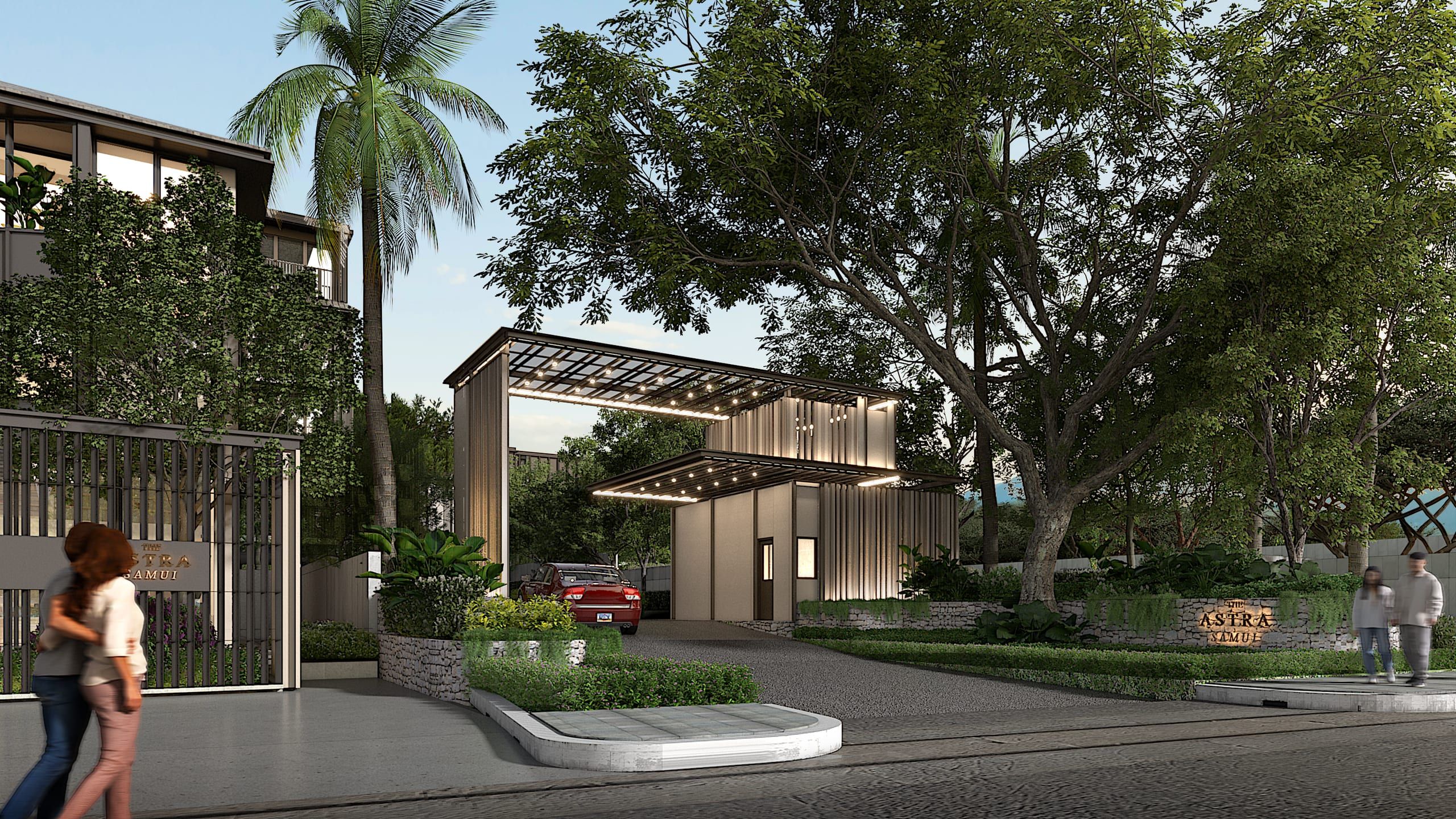 Gatehouse with a lit slatted canopy, a red car at the entrance drive and a couple strolling past a project sign, visualisation