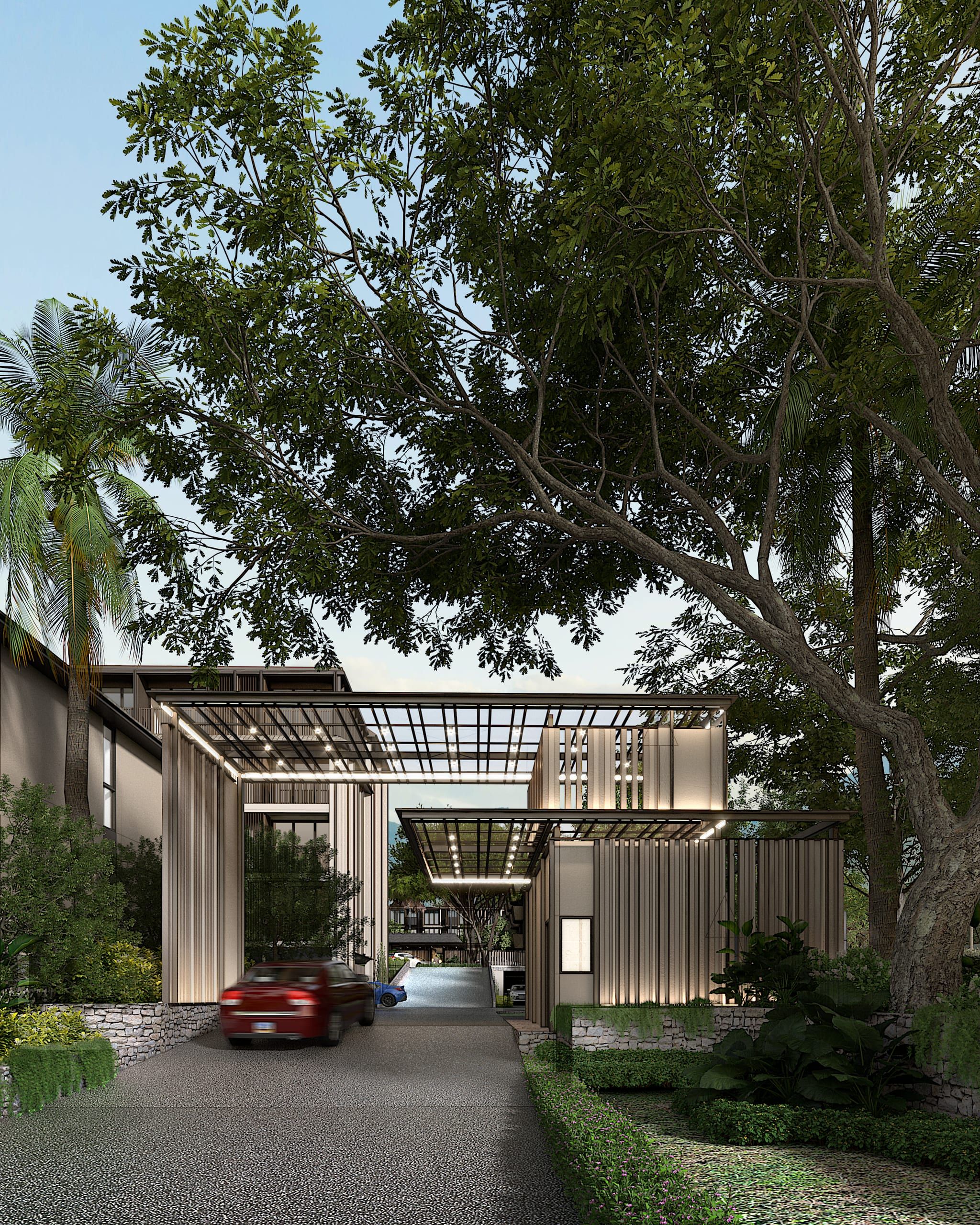Lit timber-slatted entrance canopy seen through a large tree, with a red car on the gravel drive and a ramp beyond, visualisation
