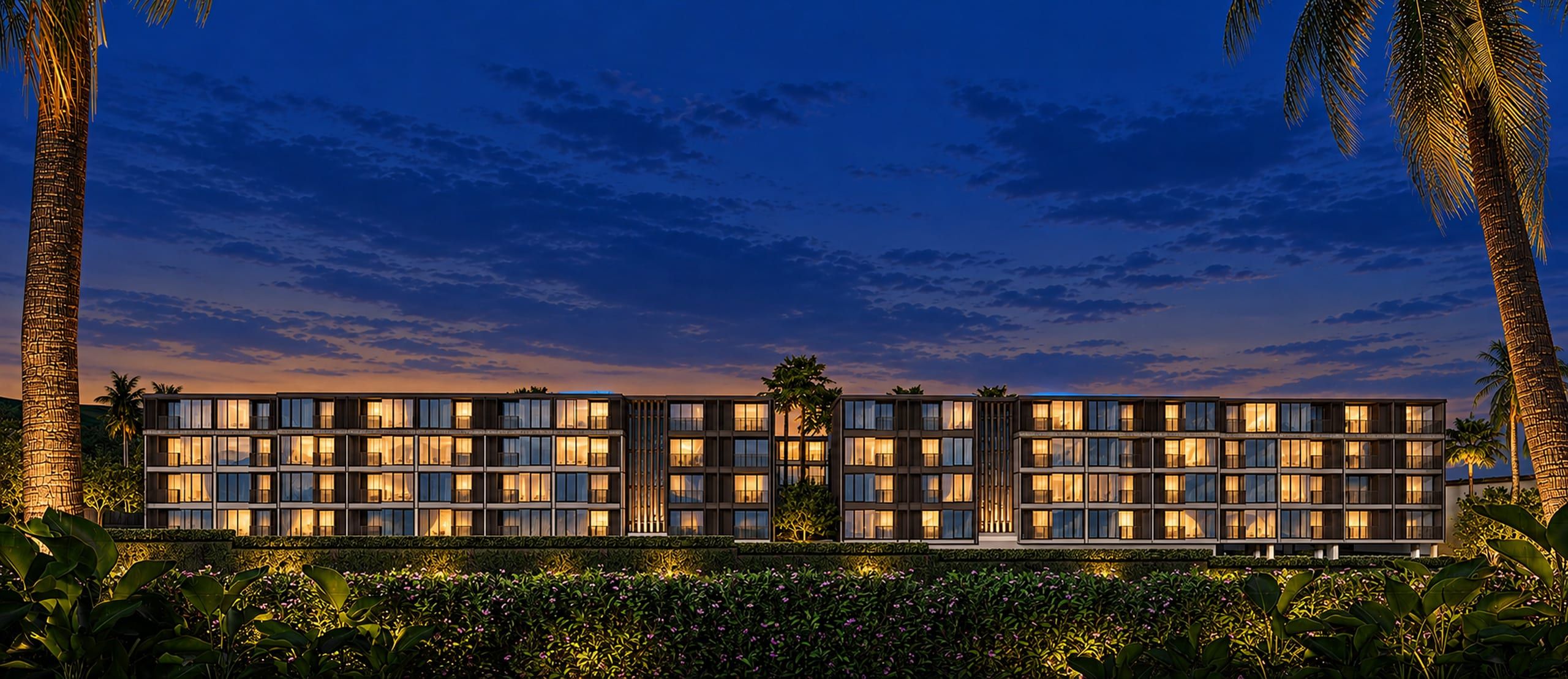 Four-storey apartment building with dark louvred facade behind a flowering hedge, framed by palm trunks, visualisation