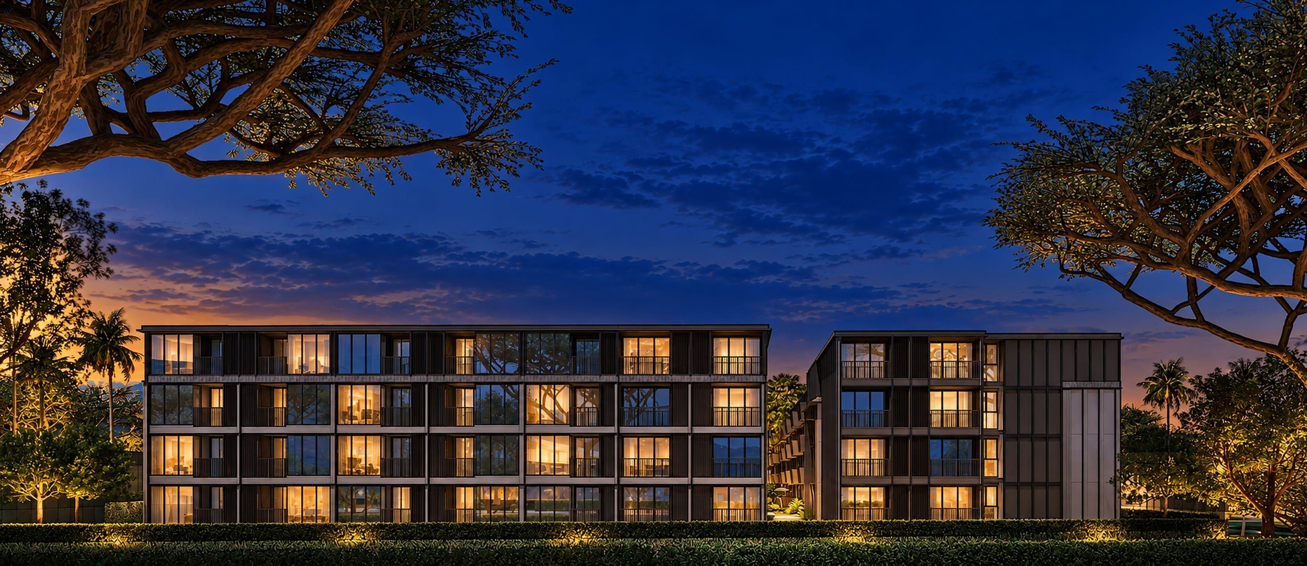 Two apartment blocks with balconies seen through tree branches and a trimmed hedge, visualisation