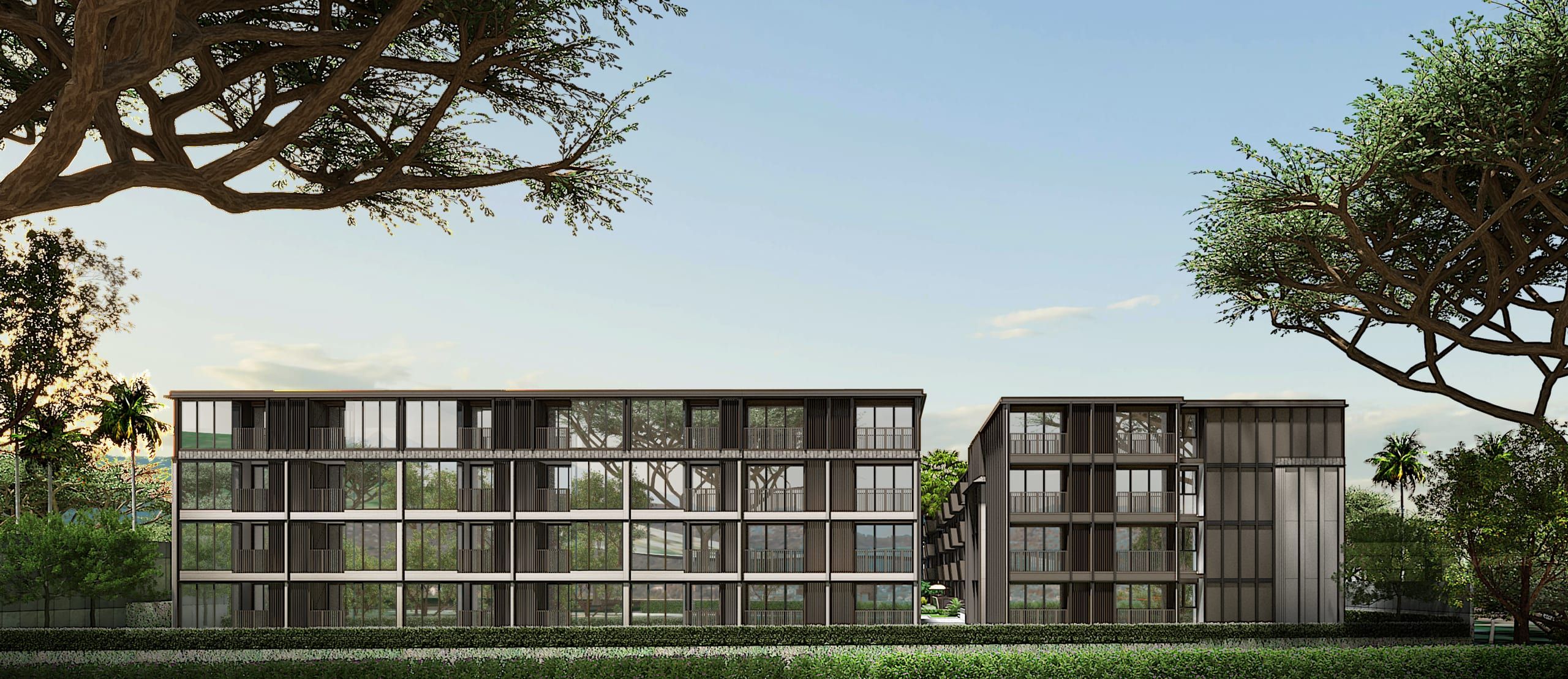 Two apartment blocks with balconies seen through tree branches and a trimmed hedge, visualisation