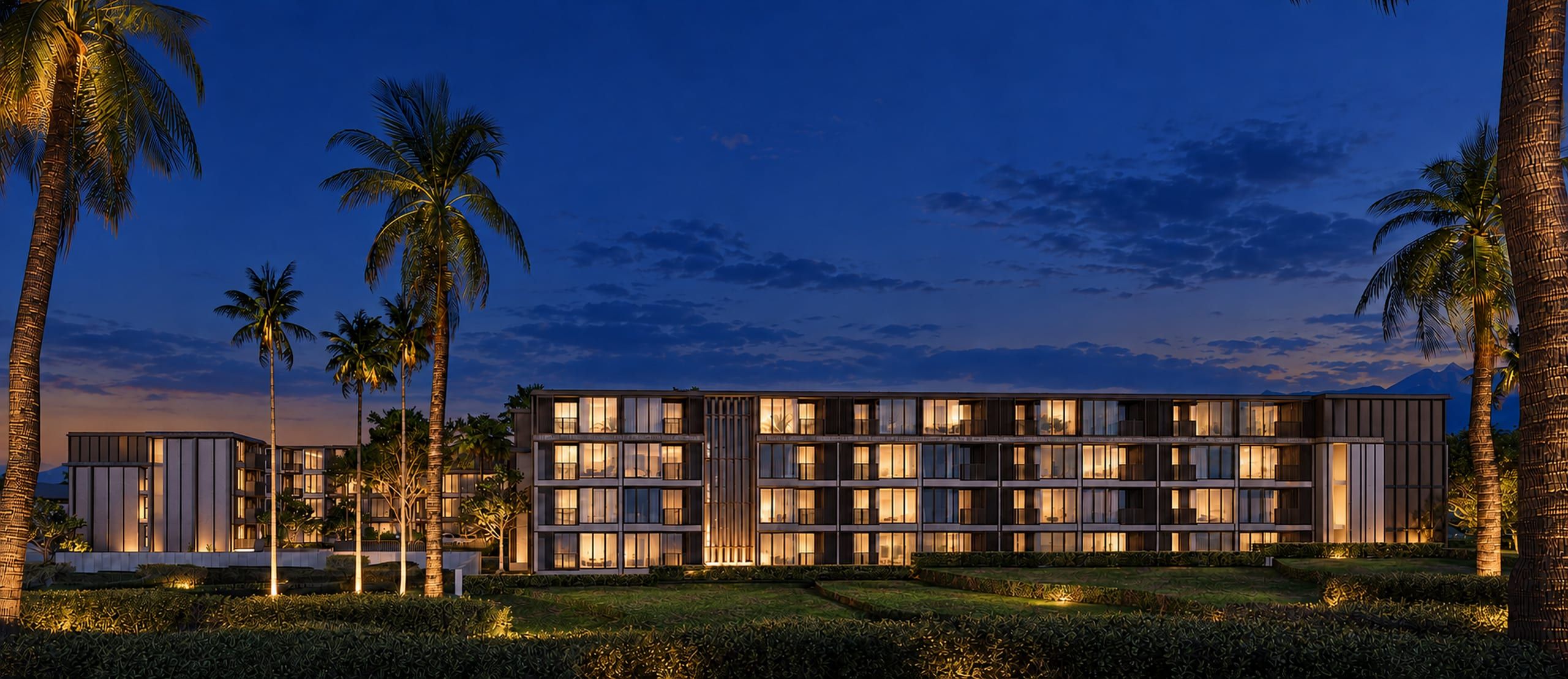 Long apartment building among tall palms and lawn terraces, mountains on the horizon, visualisation