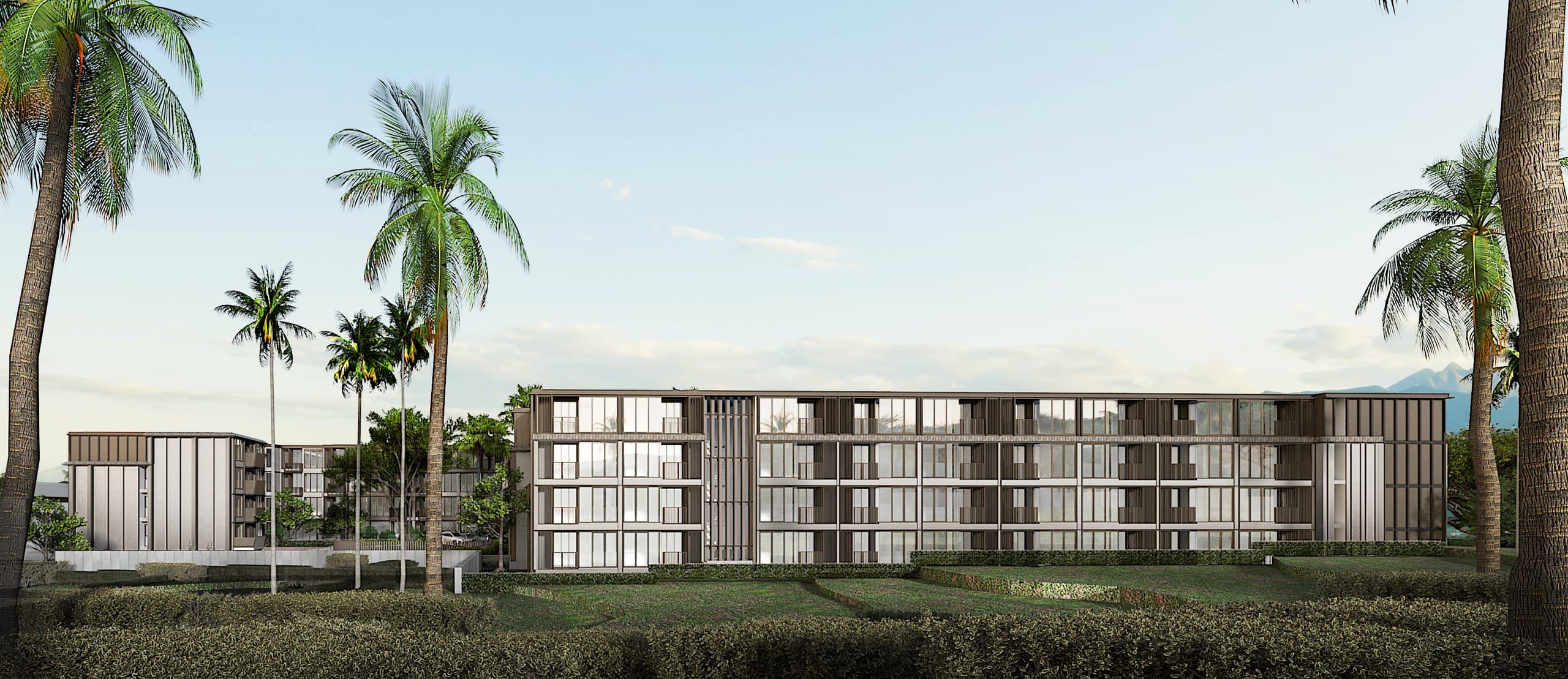 Long apartment building among tall palms and lawn terraces, mountains on the horizon, visualisation