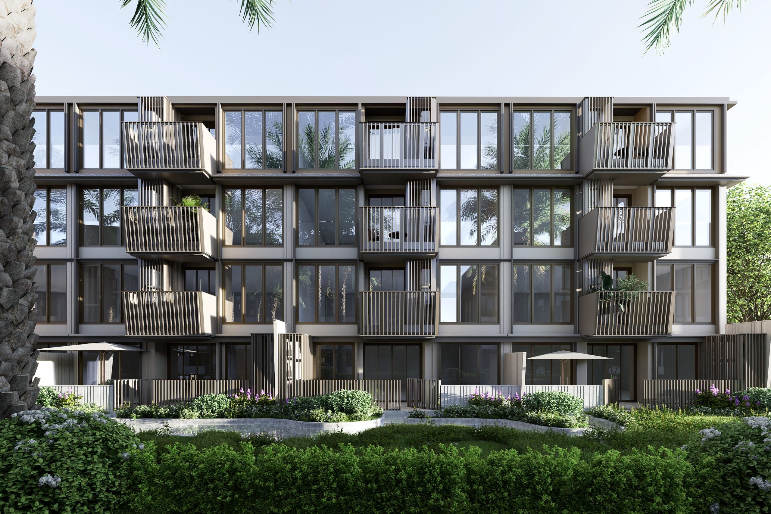 Courtyard-facing facade with slatted balconies, ground-floor terraces with parasols and a landscaped pool edge, visualisation