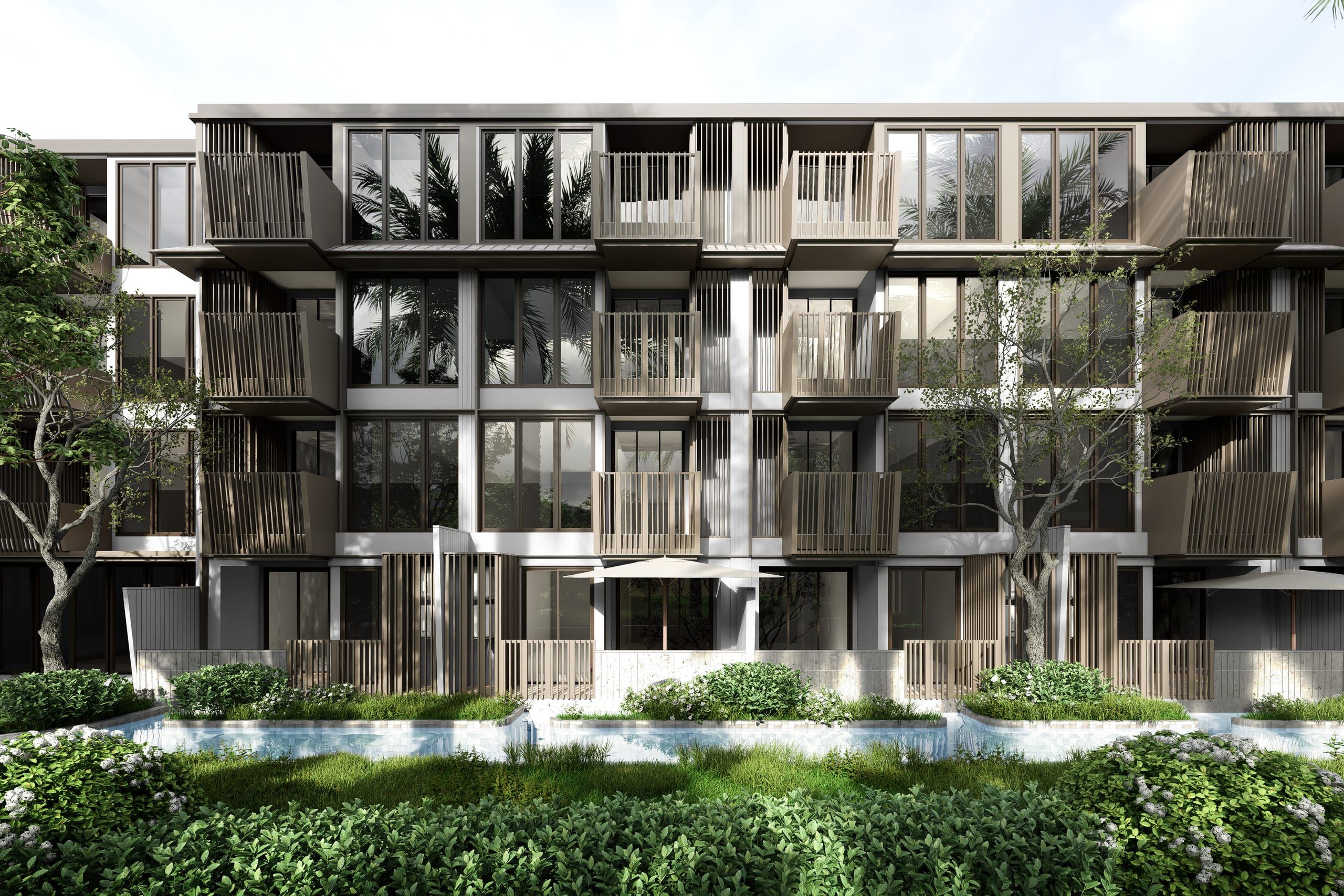 Apartment facade with slatted balconies above a lagoon-style water channel, lawn and shrubs, visualisation