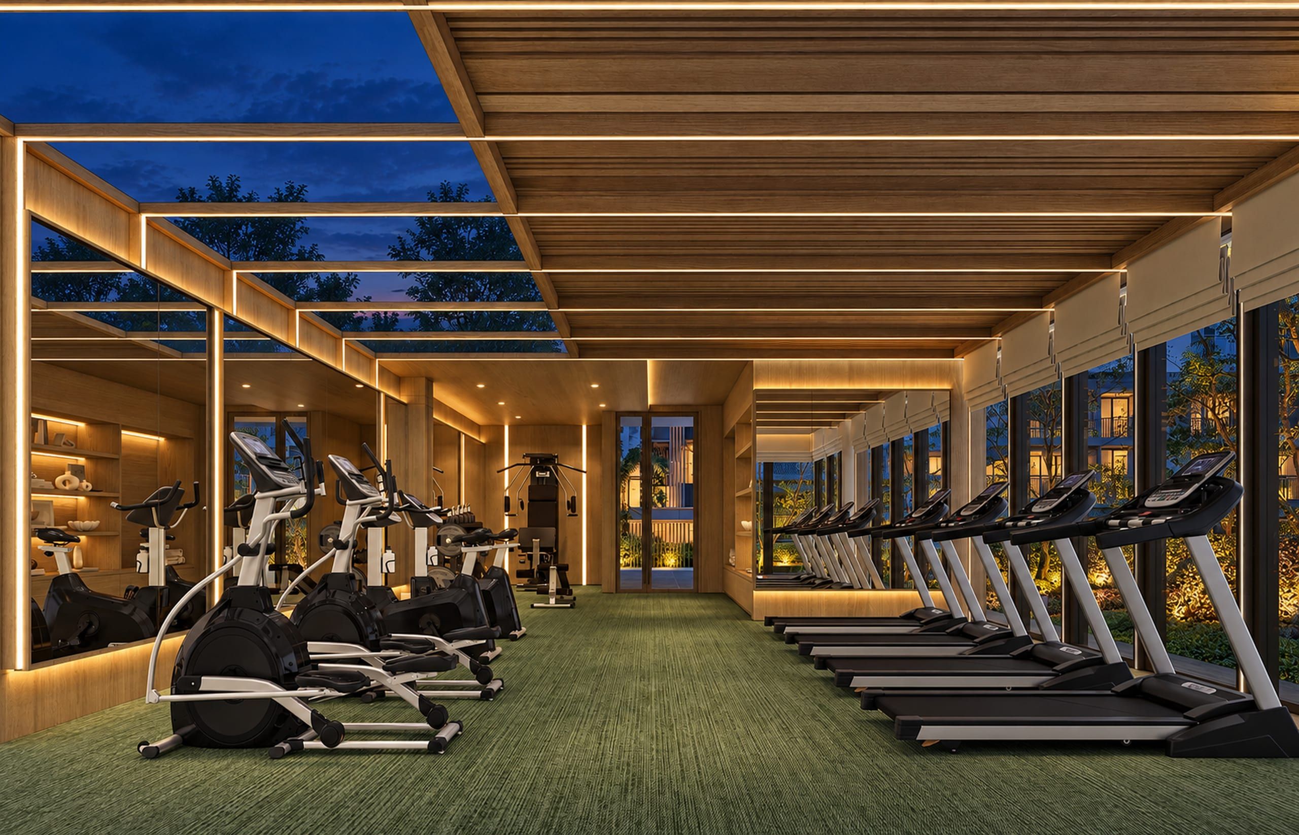 Gym with cross-trainers and a row of treadmills facing floor-to-ceiling windows, timber ceiling, visualisation