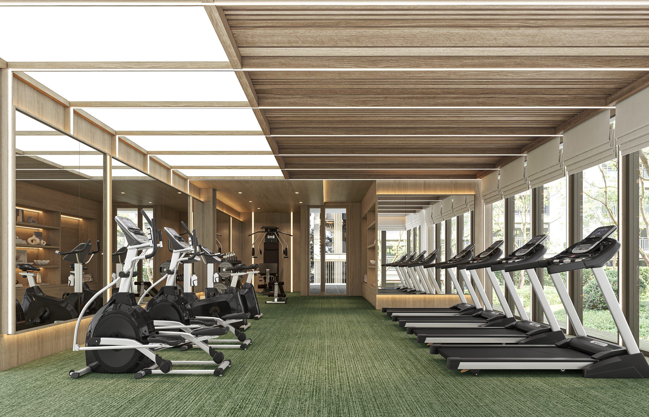 Gym with cross-trainers and a row of treadmills facing floor-to-ceiling windows, timber ceiling, visualisation