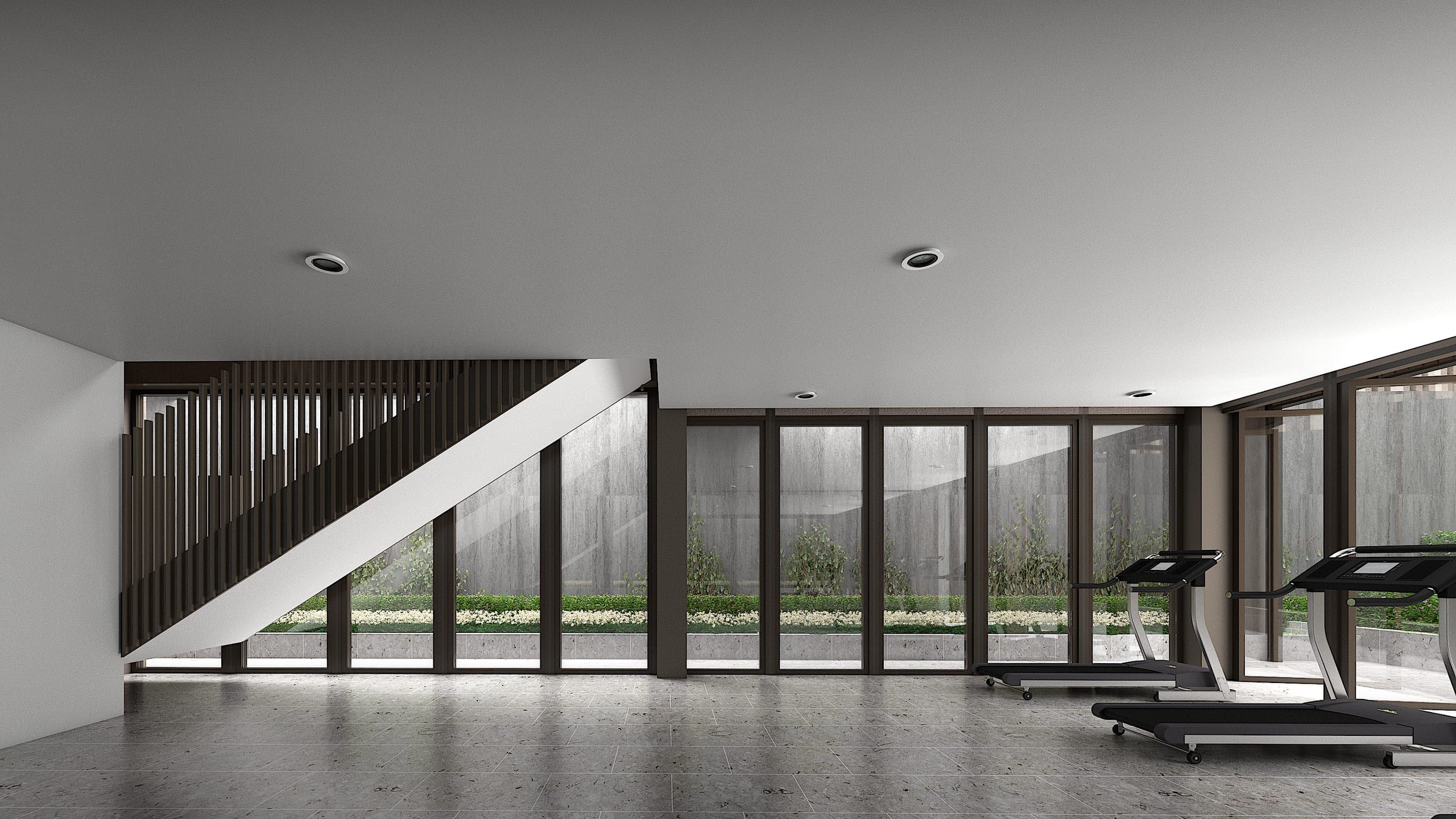 Gym with treadmills, a slatted timber staircase and floor-to-ceiling glazing onto a planted courtyard, visualisation