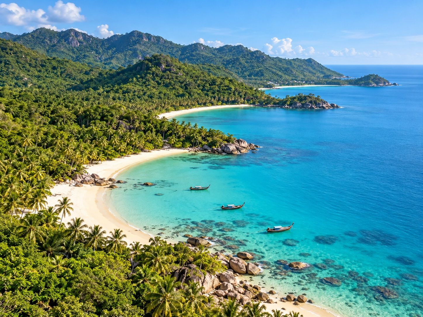Aerial view of a tropical coastline on Koh Samui with sandy bays, palms and turquoise water, illustration