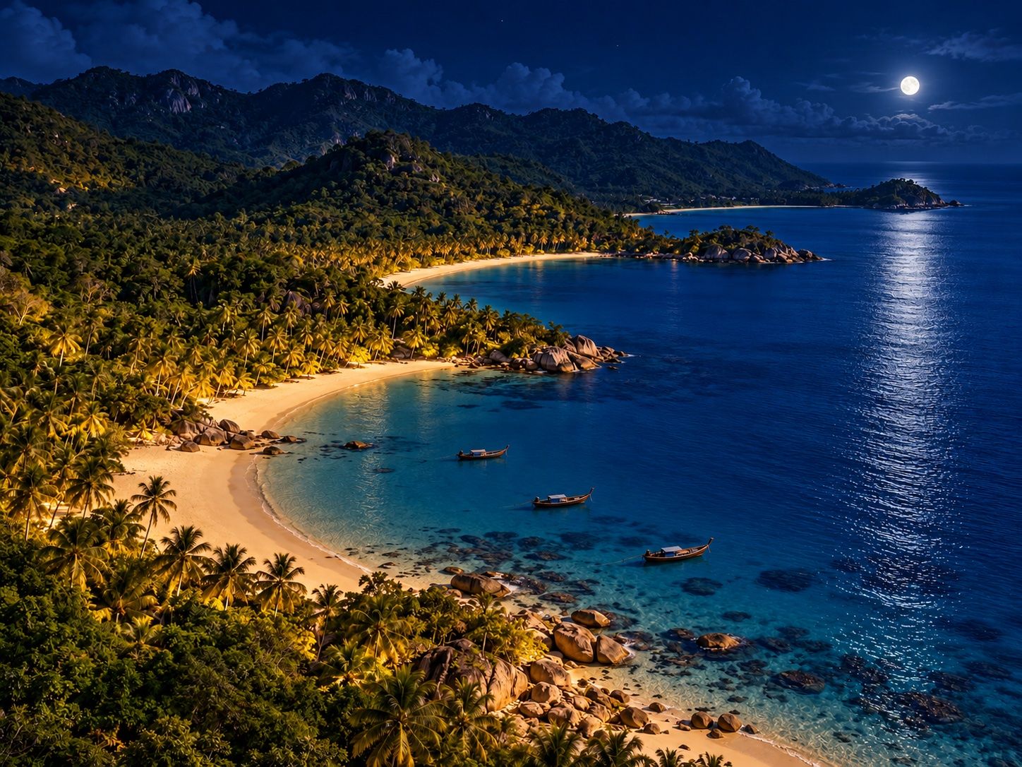Aerial view of a tropical coastline on Koh Samui with sandy bays, palms and turquoise water, illustration