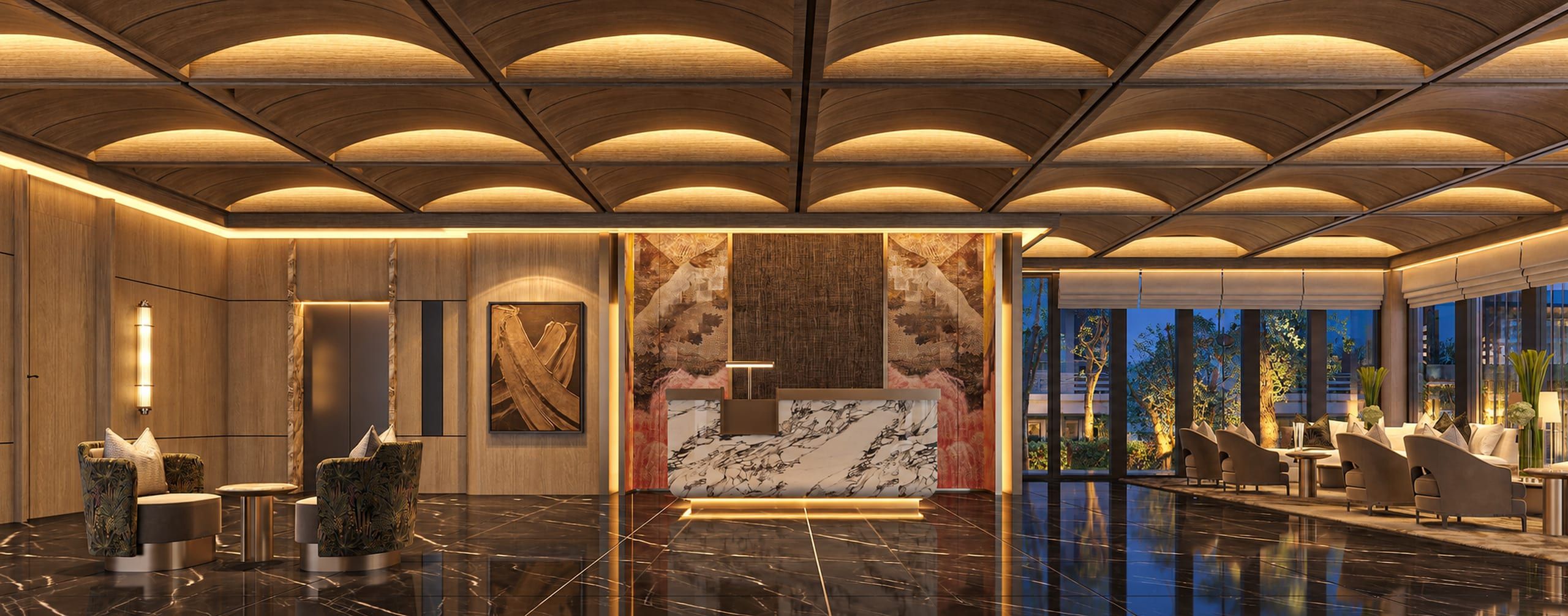 Lobby with a marble reception desk, a coffered timber ceiling and a lounge by the windows, visualisation