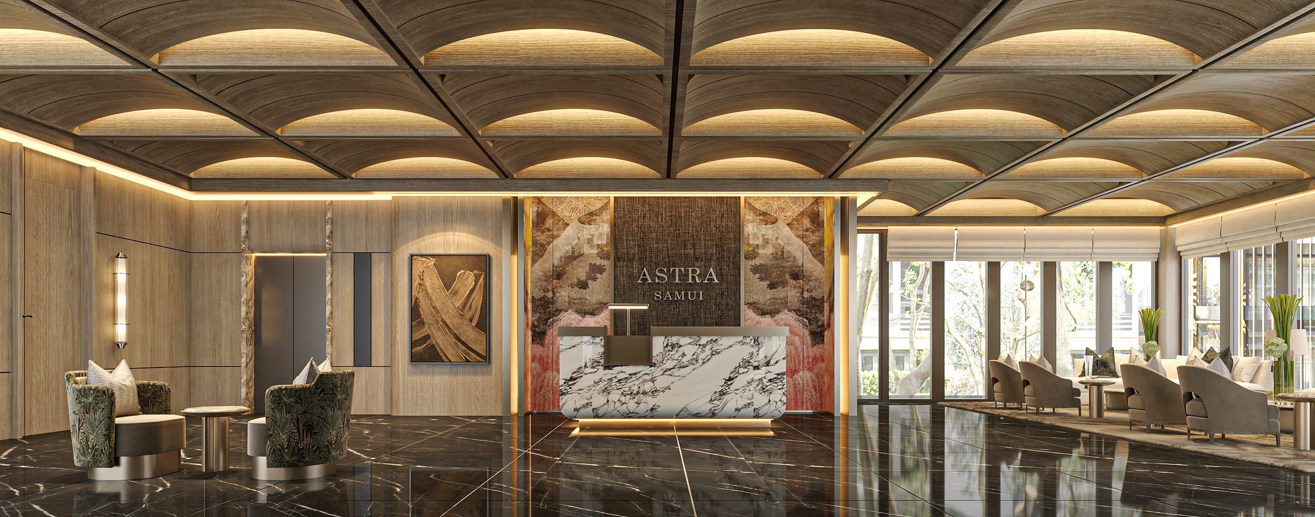 Lobby with a marble reception desk, a coffered timber ceiling and a lounge by the windows, visualisation