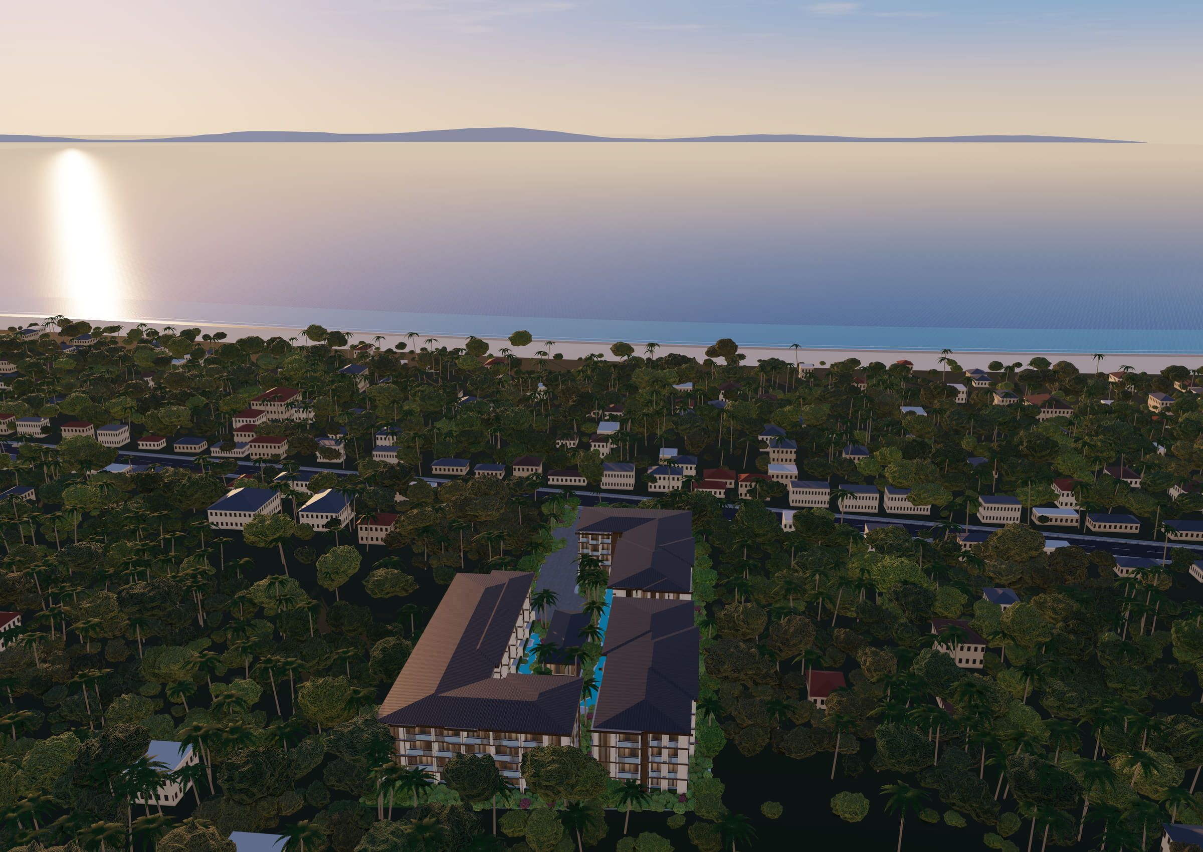 3D model of The Astra Samui from the air: three four-storey blocks around a long lagoon pool, with an illustrative road, low-rise houses, the beach and the sea behind