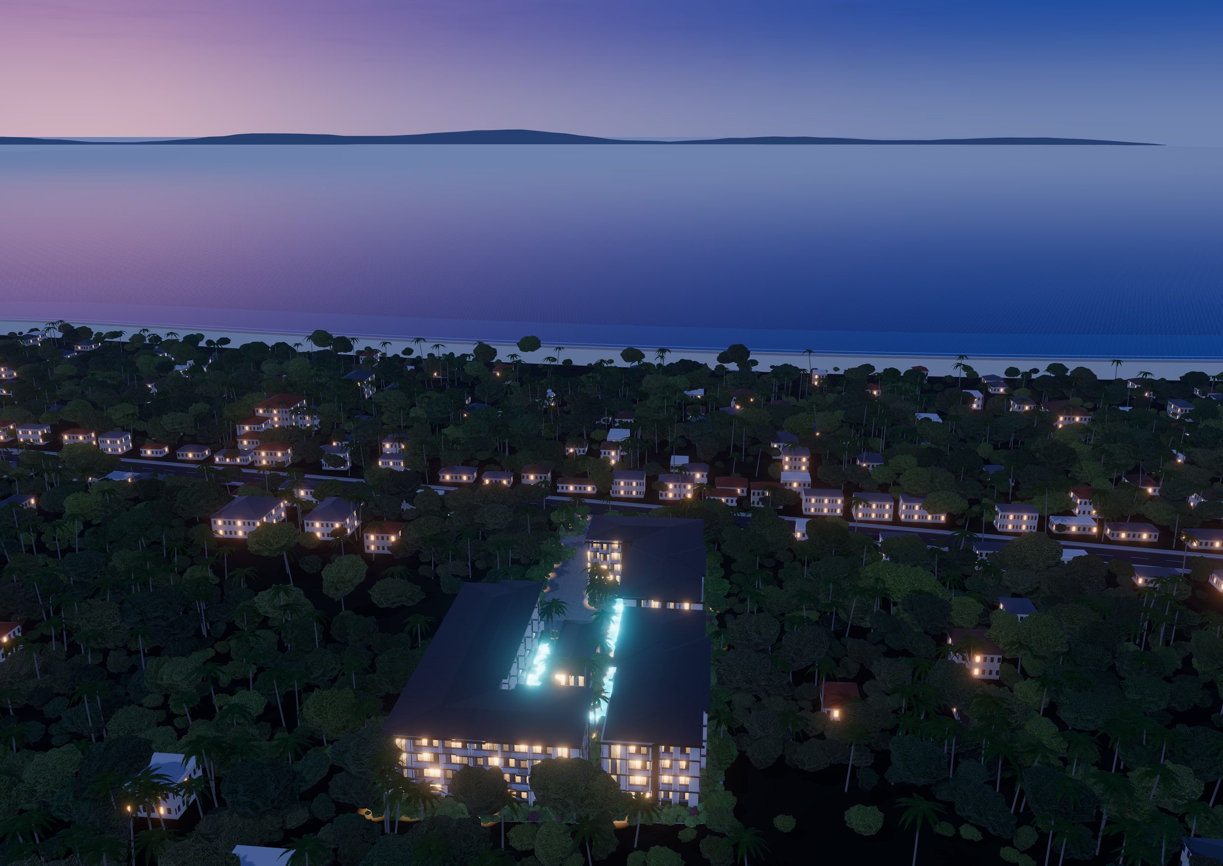 3D model of The Astra Samui from the air: three four-storey blocks around a long lagoon pool, with an illustrative road, low-rise houses, the beach and the sea behind