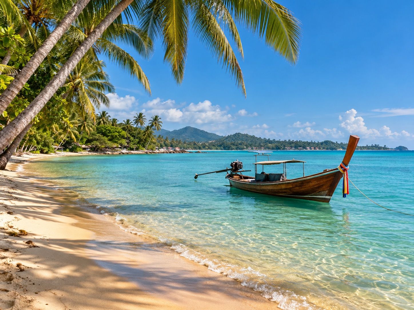 Sandy beach with palms and a longtail boat on a turquoise bay, illustration