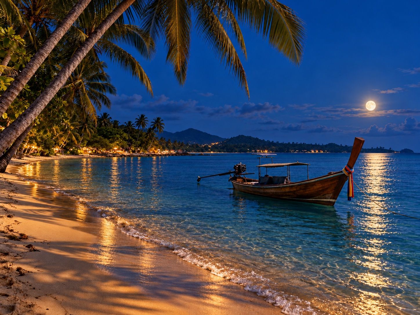 Sandy beach with palms and a longtail boat on a turquoise bay, illustration