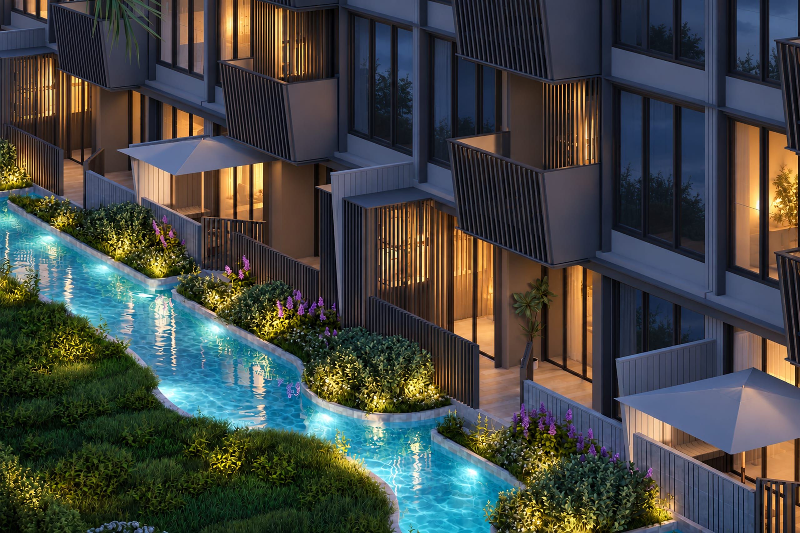 Slatted balconies and ground-floor terraces beside a narrow lagoon channel edged with shrubs and lawn, visualisation