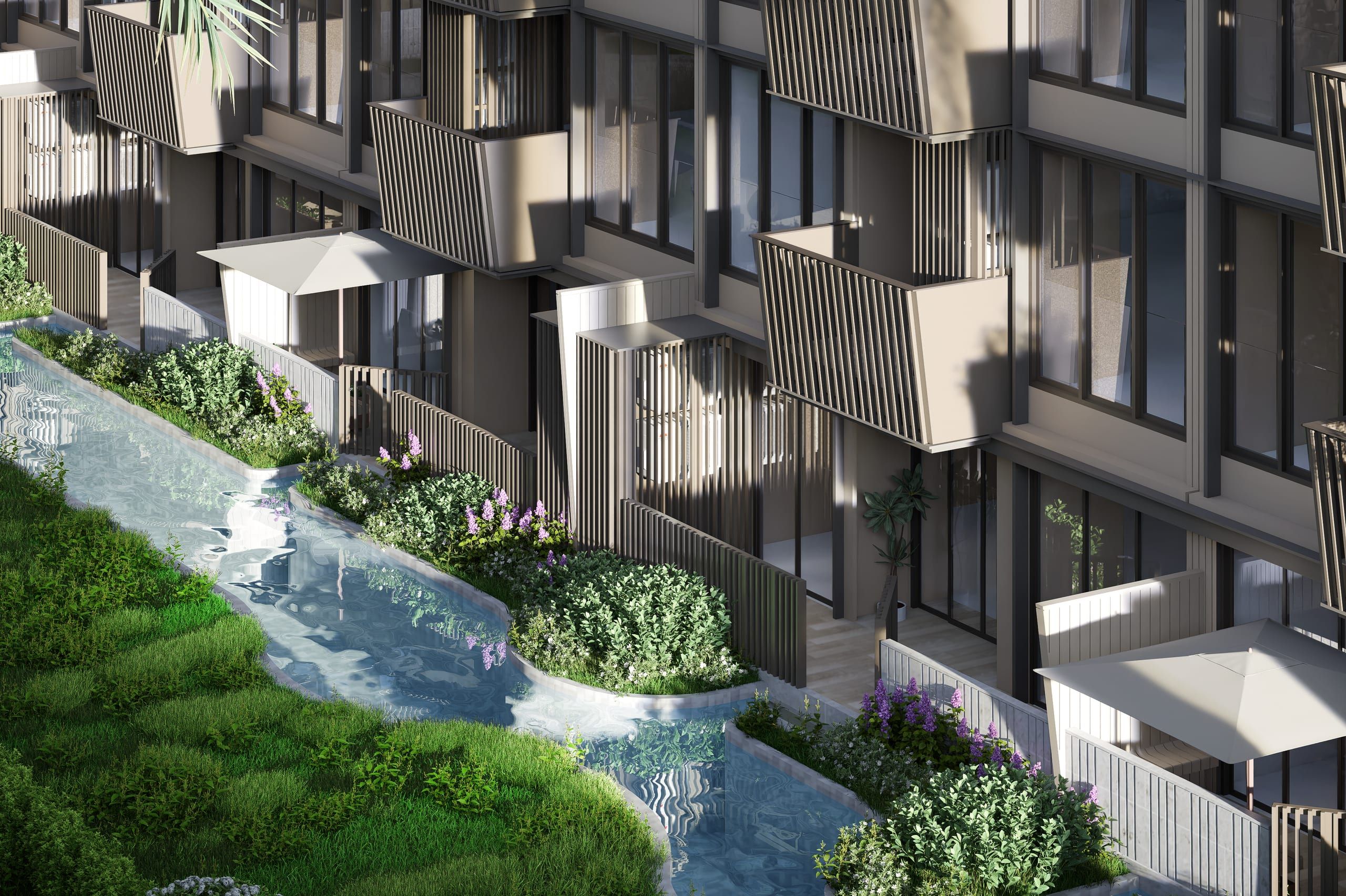 Slatted balconies and ground-floor terraces beside a narrow lagoon channel edged with shrubs and lawn, visualisation