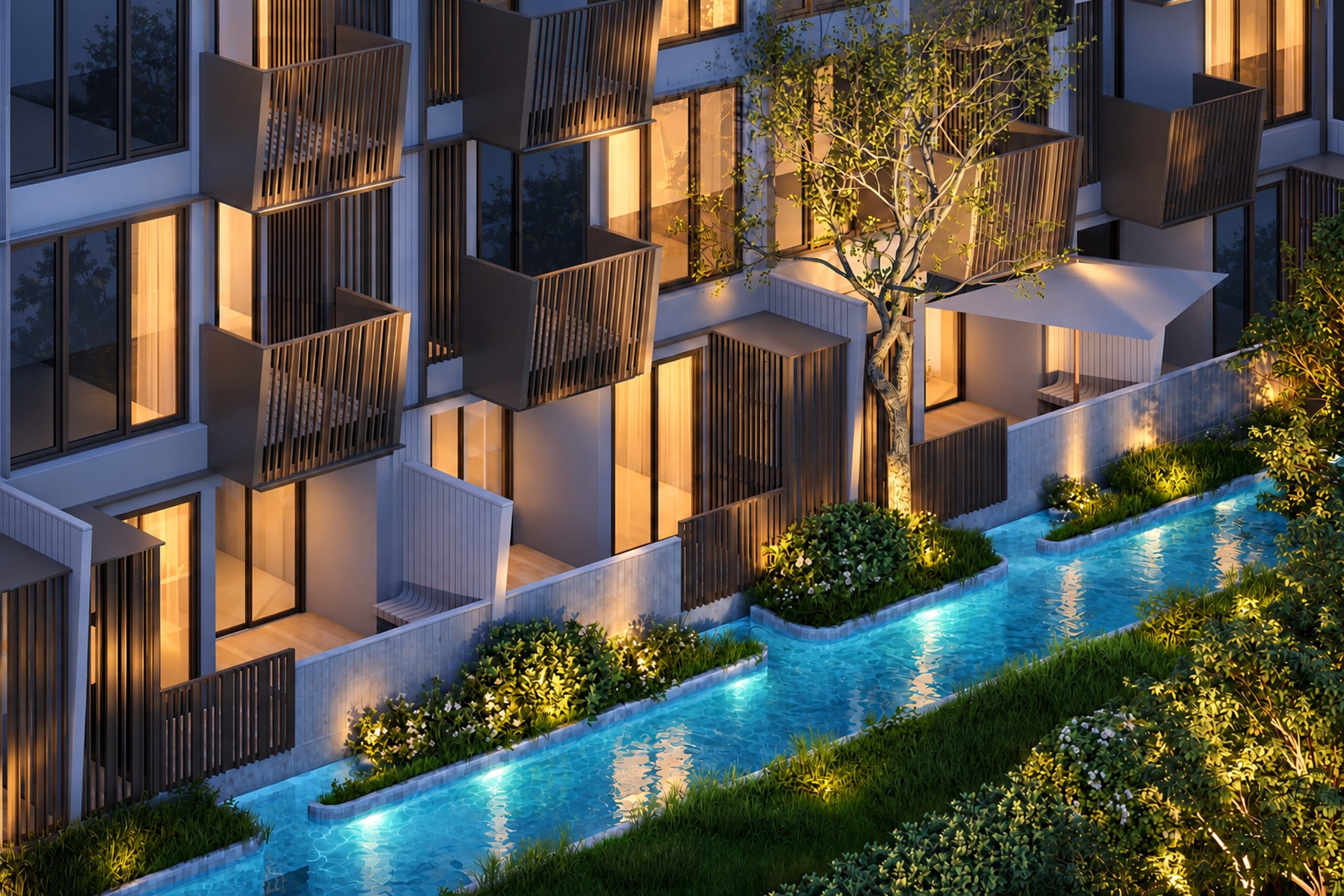 Terraces with parasols and slatted balconies above a lagoon channel, lawn and a slender tree in the foreground, visualisation