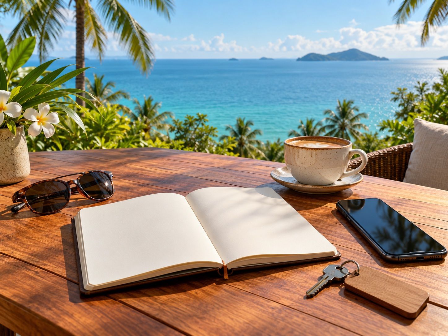Café table by the sea with an open notebook, sunglasses, a phone and coffee, planning a viewing trip on Koh Samui, illustration