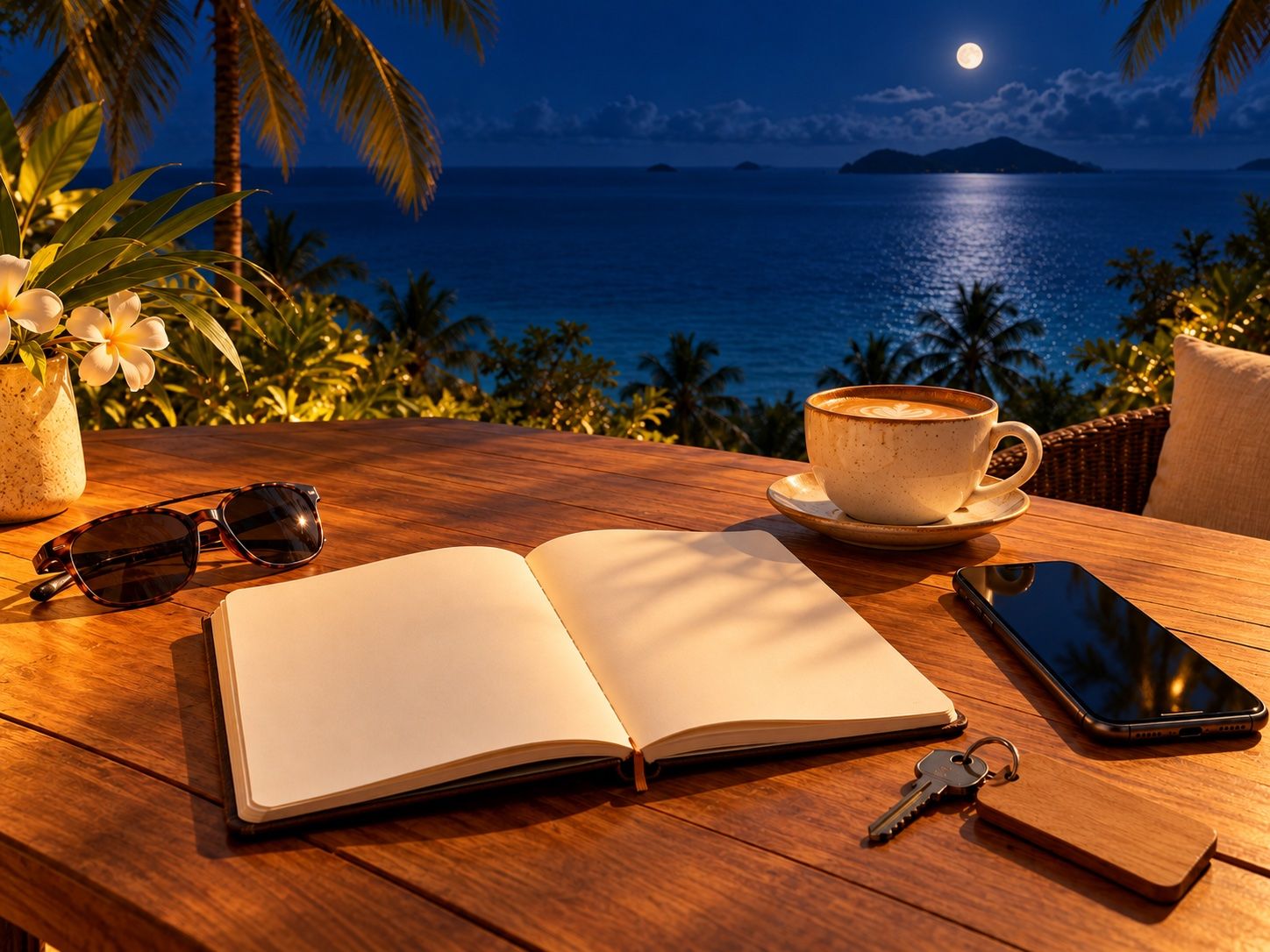 Café table by the sea with an open notebook, sunglasses, a phone and coffee, planning a viewing trip on Koh Samui, illustration