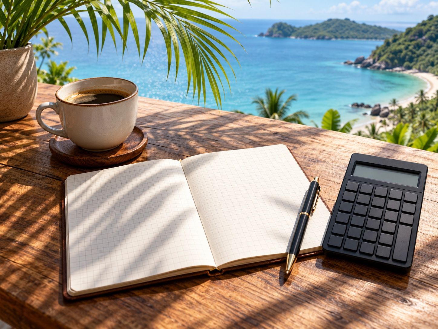 Calculator, notebook and pen on a wooden table in palm shade, calculating rental costs, illustration