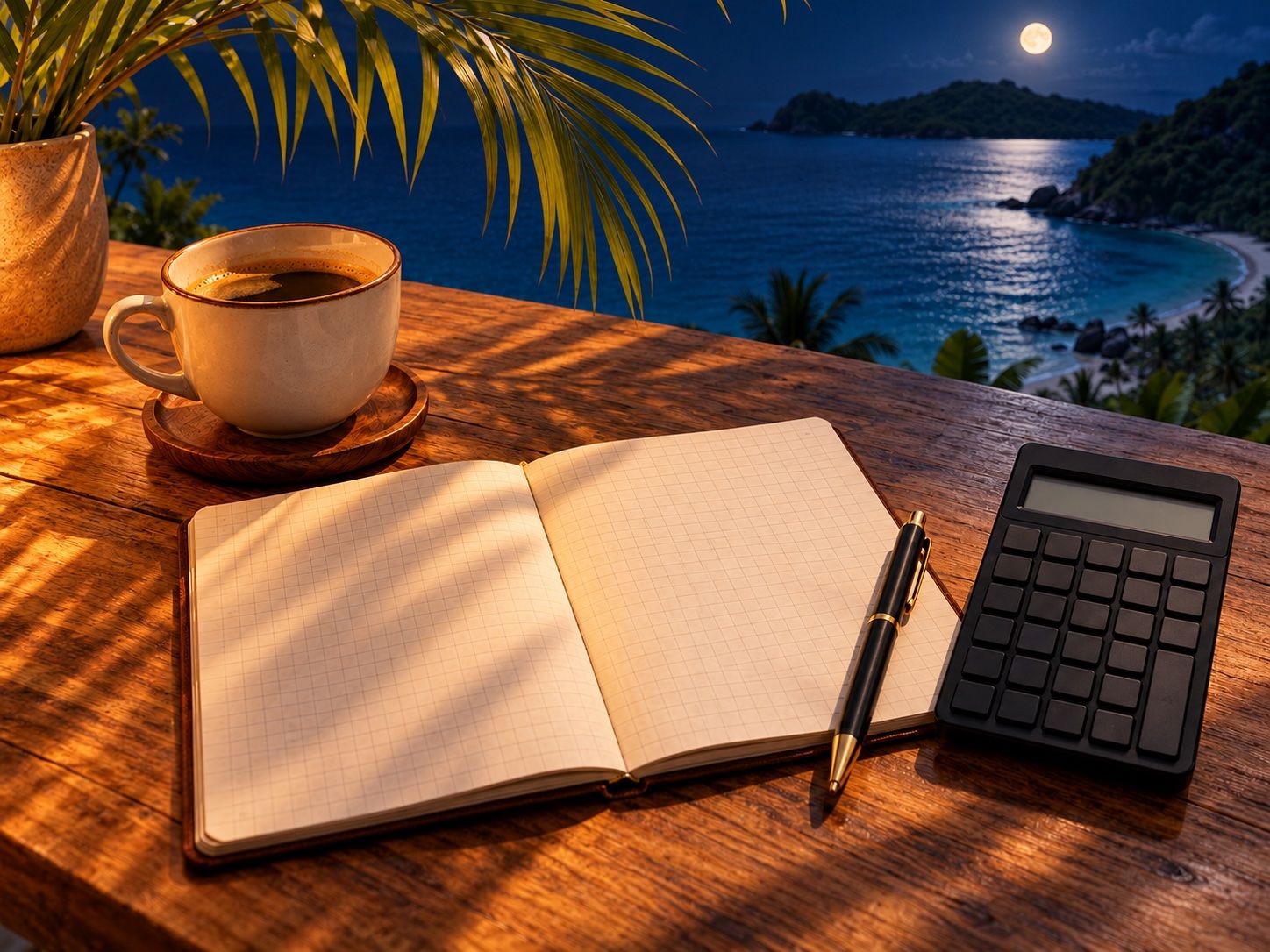 Calculator, notebook and pen on a wooden table in palm shade, calculating rental costs, illustration