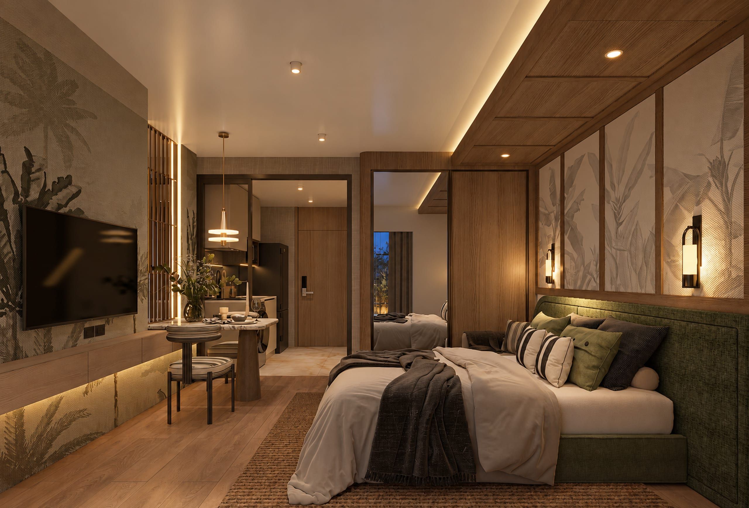Studio apartment with a green upholstered bed, timber panelling, wall-mounted TV, small dining table and kitchenette, visualisation
