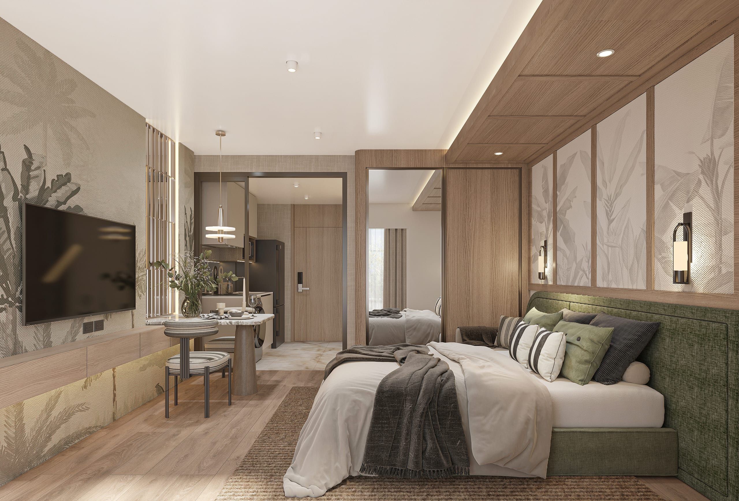 Studio apartment with a green upholstered bed, timber panelling, wall-mounted TV, small dining table and kitchenette, visualisation