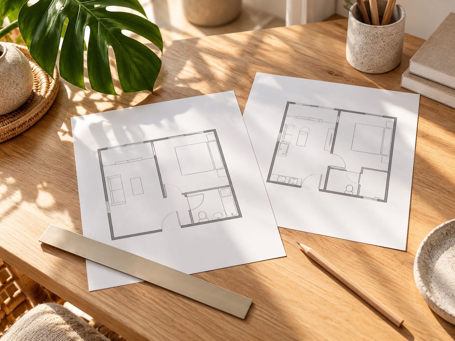 Two simple apartment floor plan sketches on a desk, comparing a studio and a one-bedroom layout, illustration