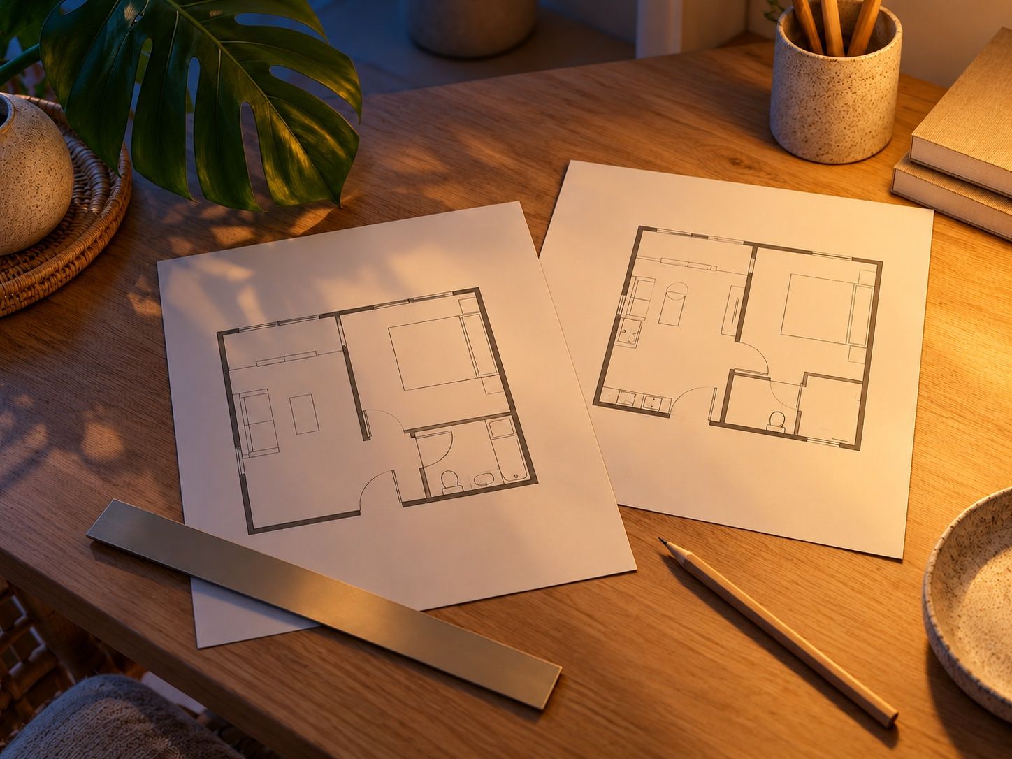 Two simple apartment floor plan sketches on a desk, comparing a studio and a one-bedroom layout, illustration